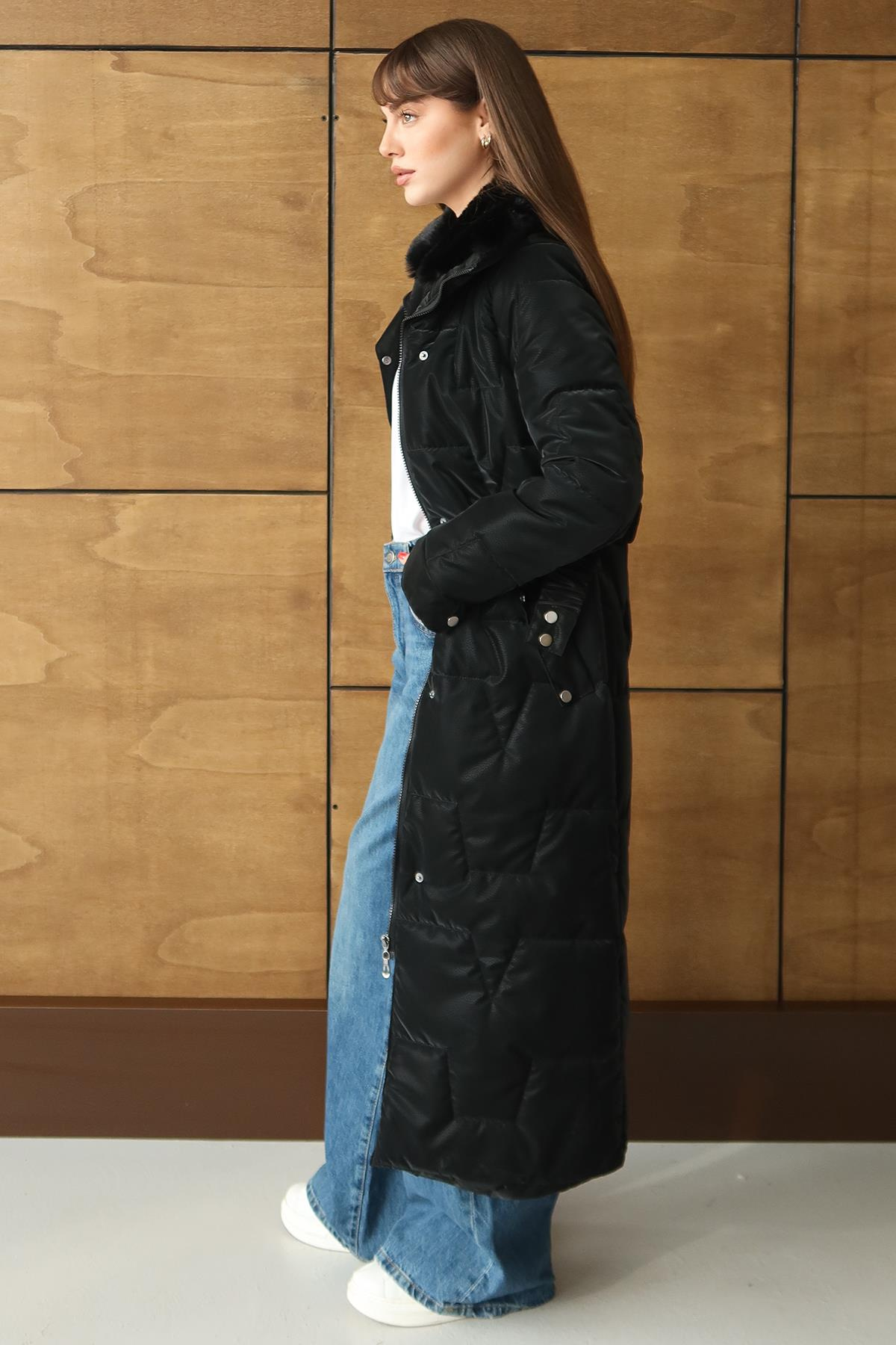 Yakası Kürk Detaylı Fermur Desenli Kapitone Uzun Mont SİYAH 6801