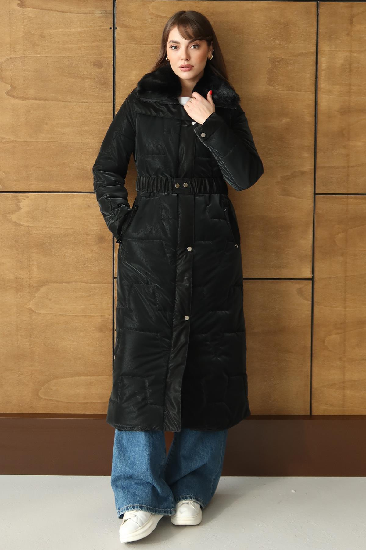 Yakası Kürk Detaylı Fermur Desenli Kapitone Uzun Mont SİYAH 6801