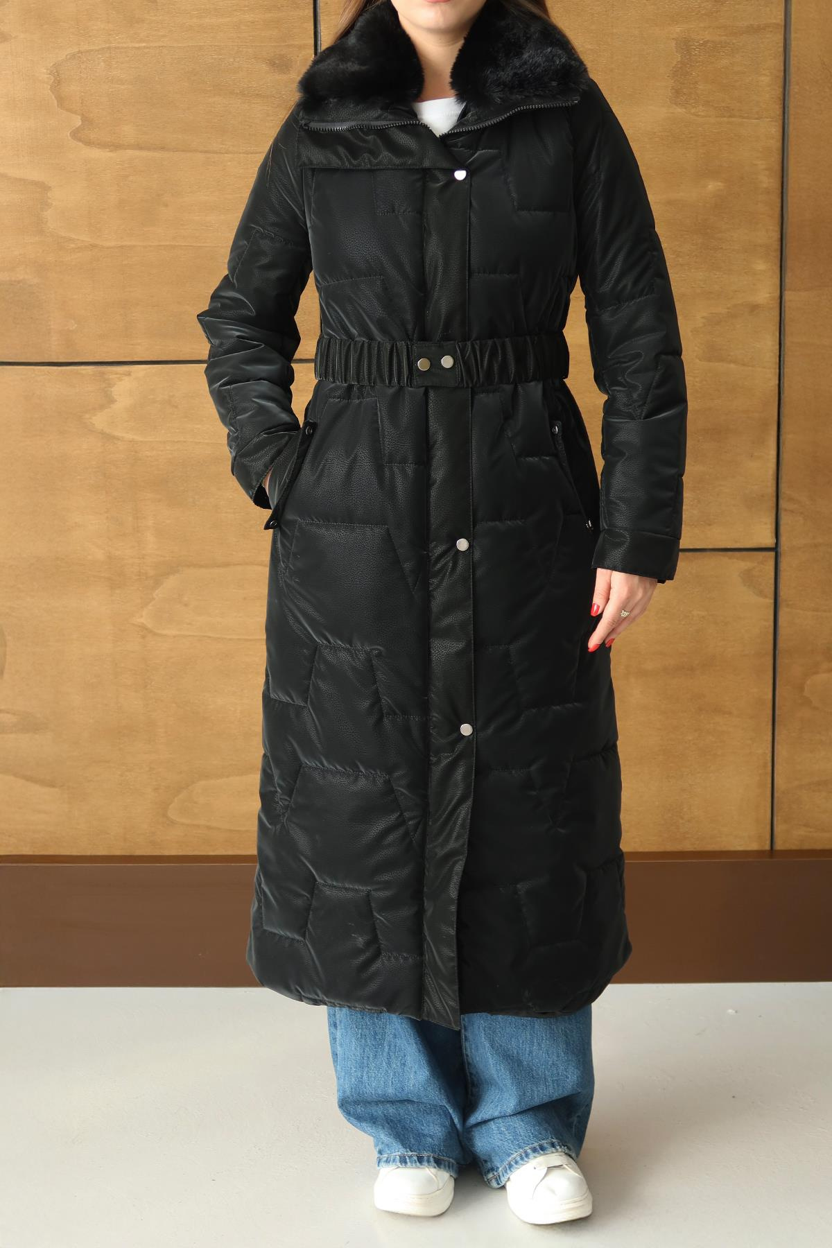 Yakası Kürk Detaylı Fermur Desenli Kapitone Uzun Mont SİYAH 6801