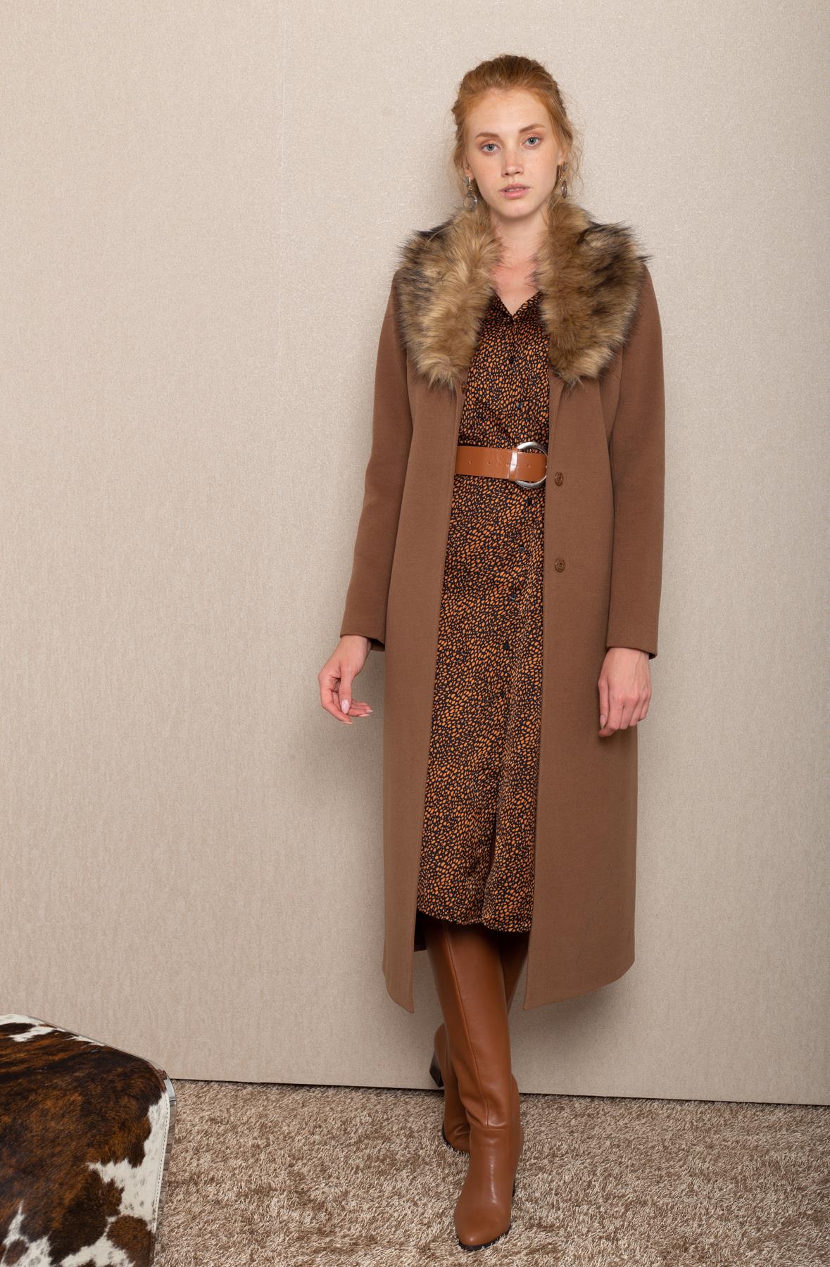 Fur Collared, Tied Waist Mid-Length Coat CAMEL 3397