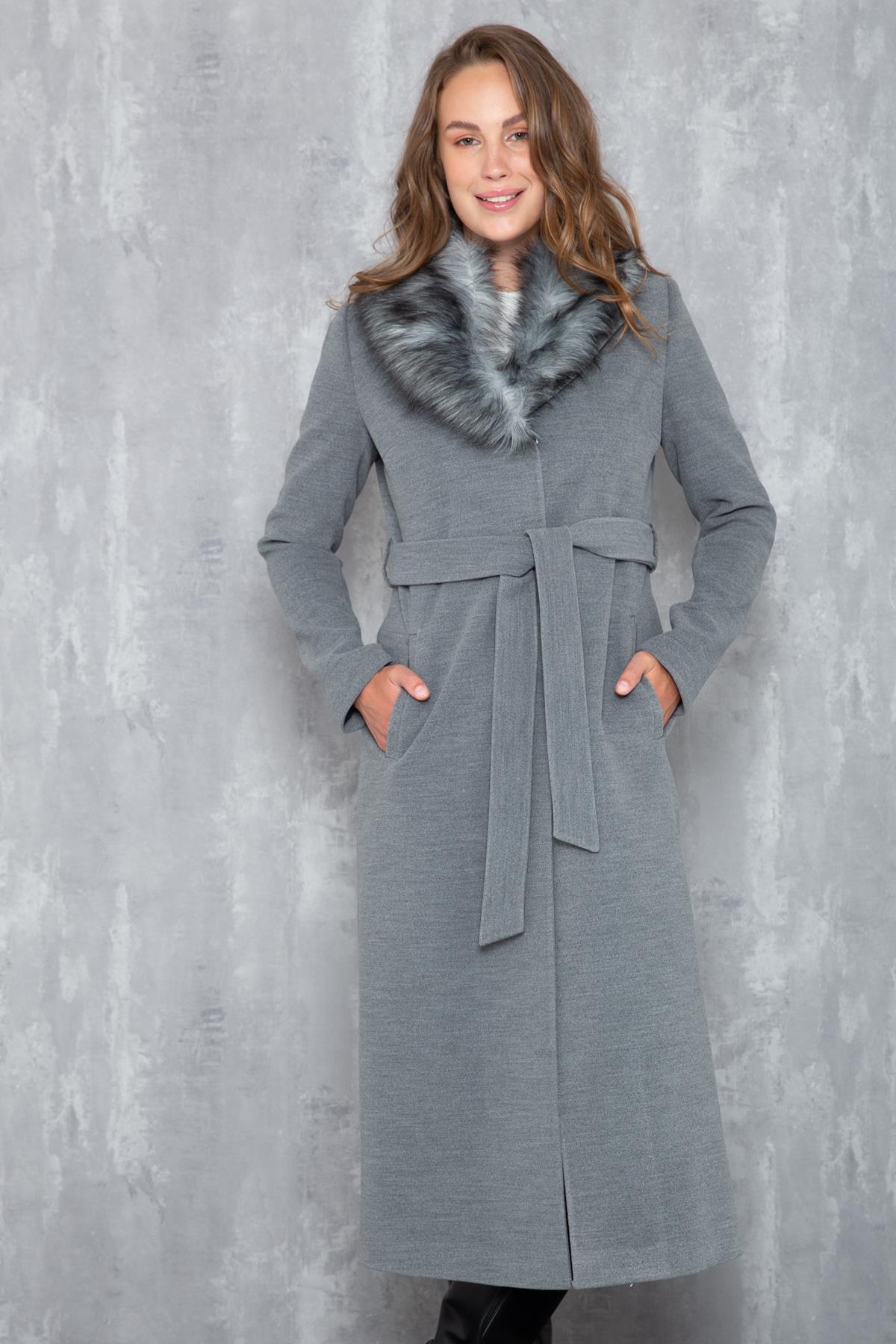 Fur Collared, Tied Waist Mid-Length Coat GREY 3397