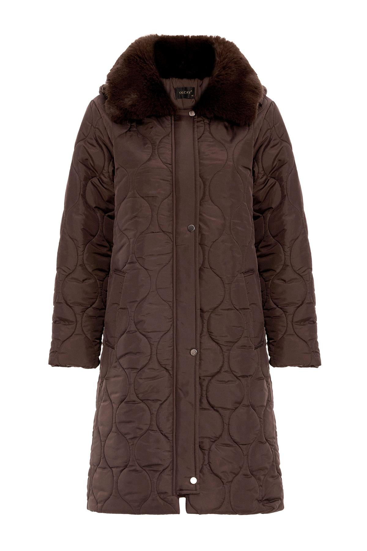 Yakası Kürklü Çıkabilir Kapüşonlu Fermuar Kapamalı Kapitone Mont KAHVE 6784