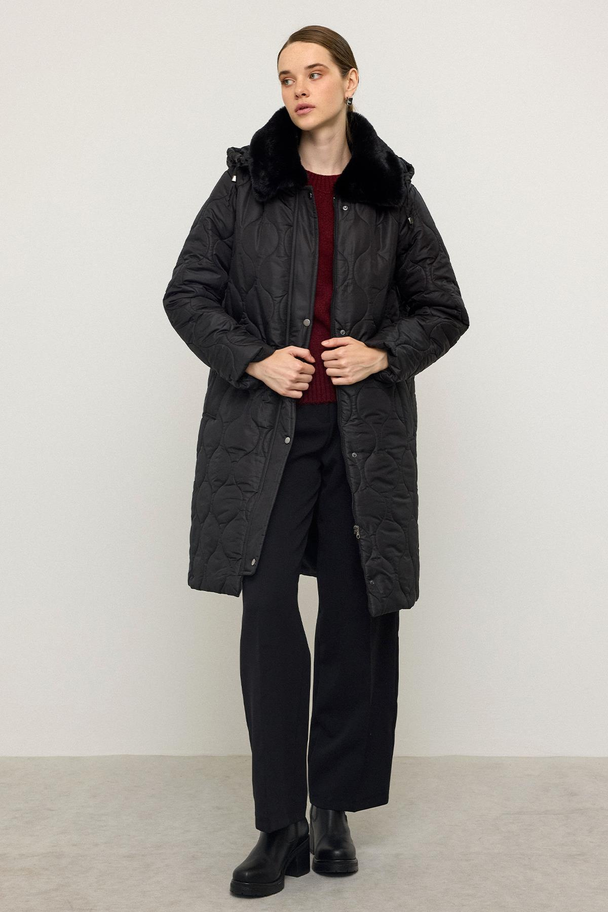 Yakası Kürklü Çıkabilir Kapüşonlu Fermuar Kapamalı Kapitone Mont SİYAH 6784