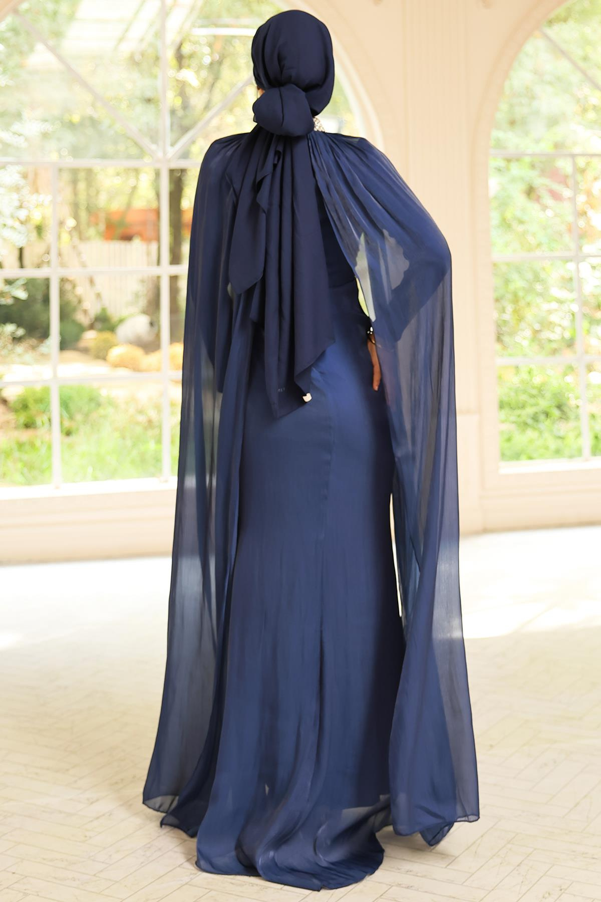 Yakası Taşlı Pelerin Detaylı Yoryo İpek Tesettür Abiye Elbise K. İNDİGO 1247