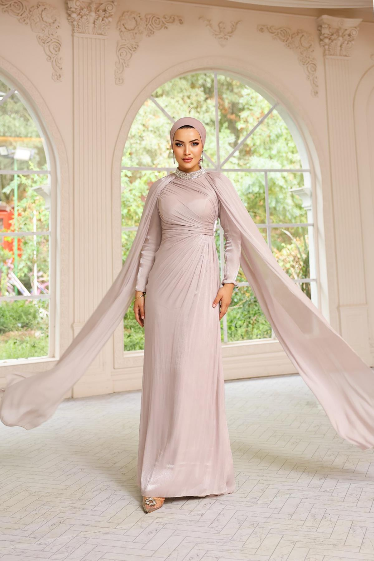 Yakası Taşlı Pelerin Detaylı Yoryo İpek Tesettür Abiye Elbise TAŞ 1247