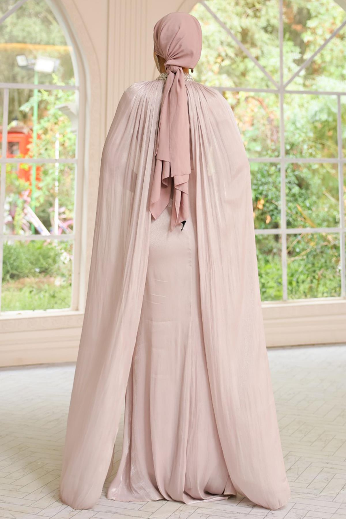 Yakası Taşlı Pelerin Detaylı Yoryo İpek Tesettür Abiye Elbise TAŞ 1247