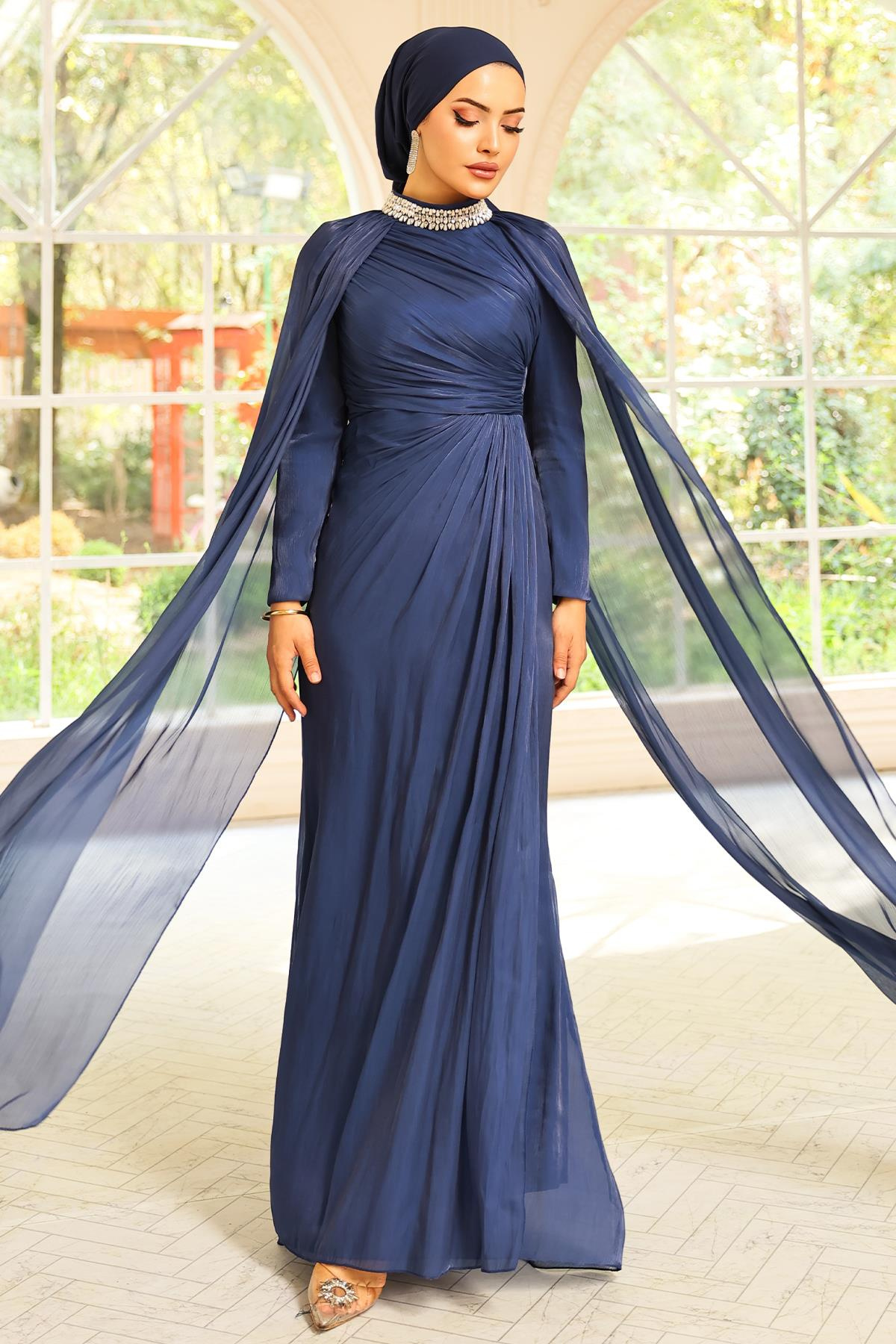 Yakası Taşlı Pelerin Detaylı Yoryo İpek Tesettür Abiye Elbise K. İNDİGO 1247