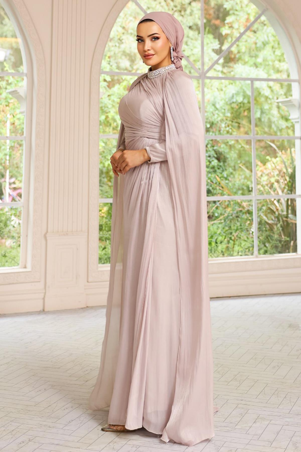 Yakası Taşlı Pelerin Detaylı Yoryo İpek Tesettür Abiye Elbise TAŞ 1247