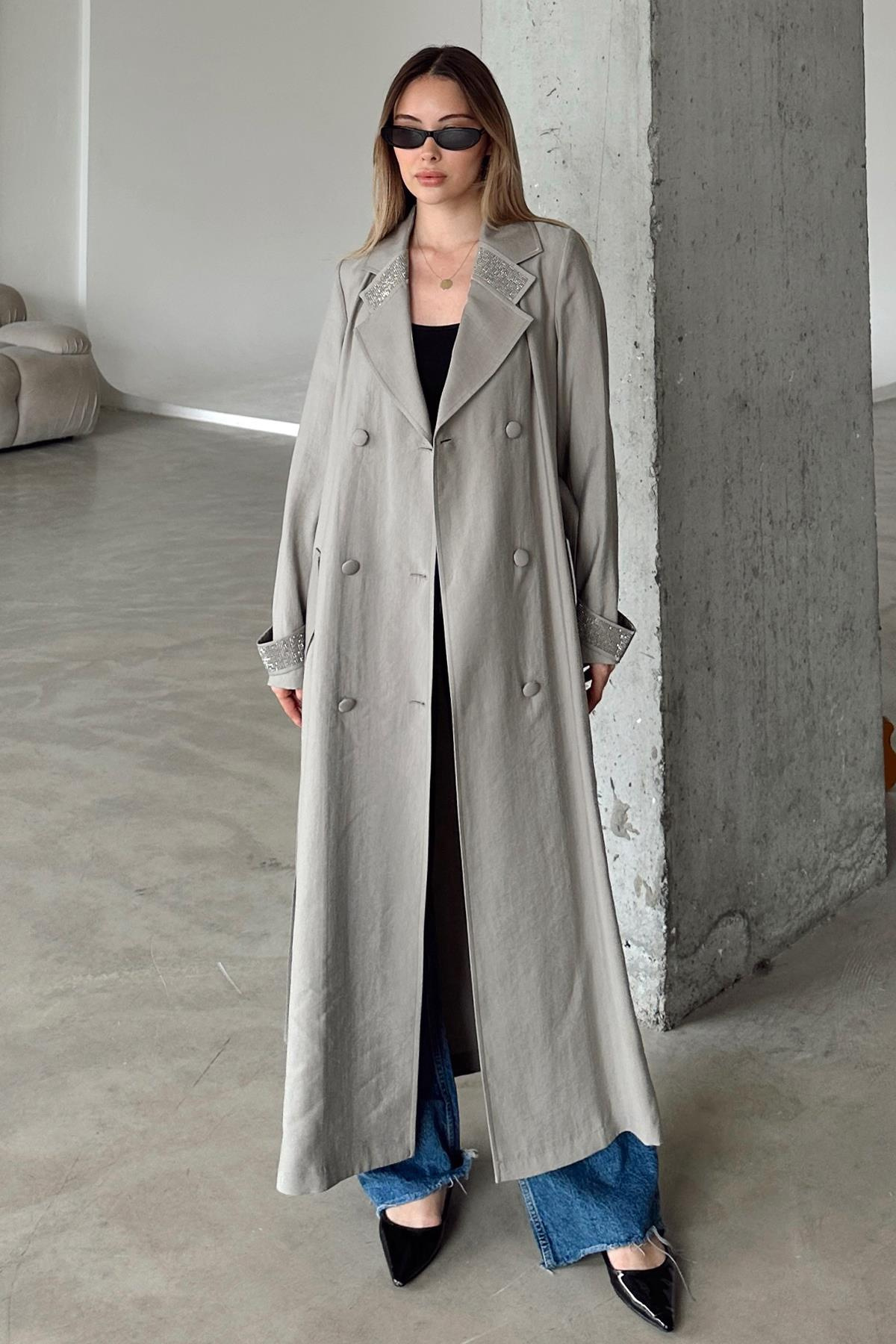 Unlined Cape with Stone Embellished Collar and Cuffs GREY 6743