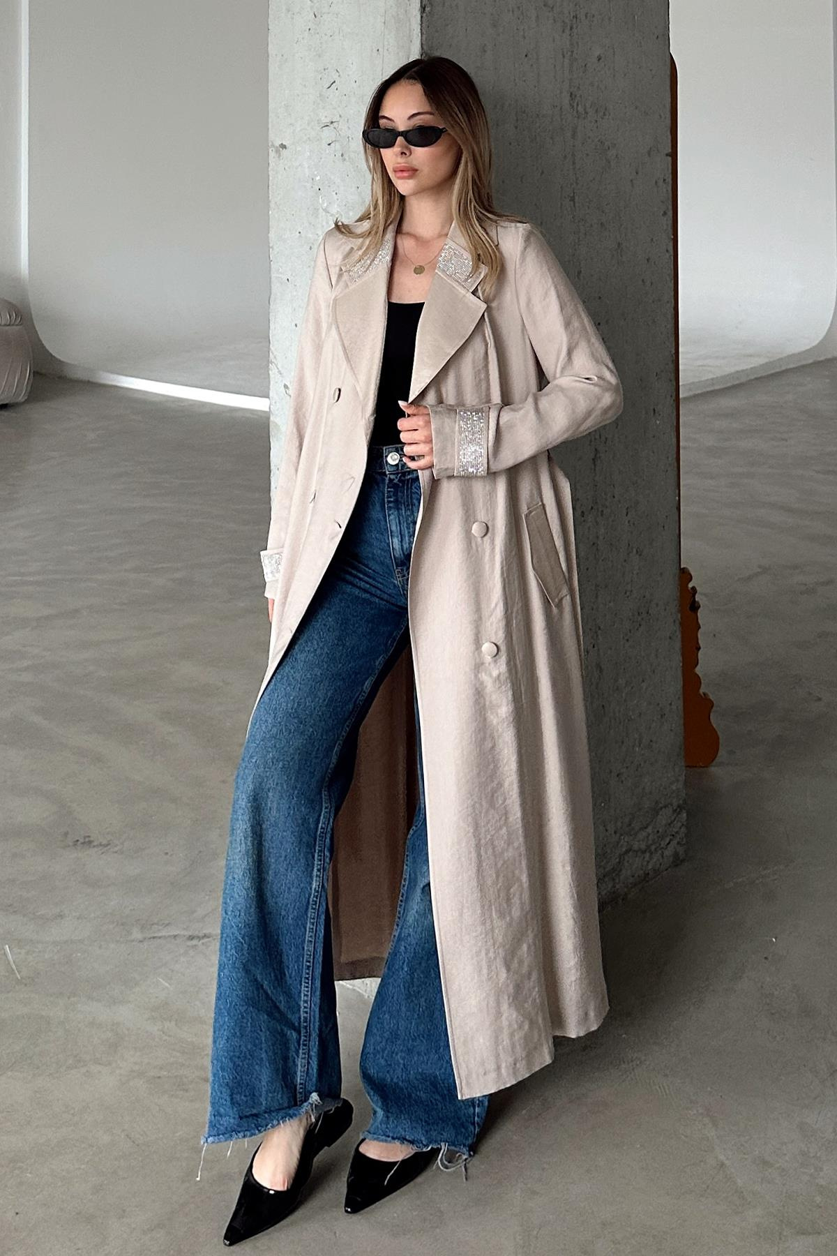 Unlined Cape with Stone Embellished Collar and Cuffs STONE 6743