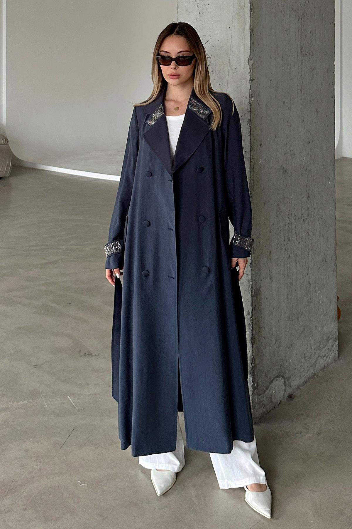 Unlined Cape with Stone Embellished Collar and Cuffs NAVY 6743