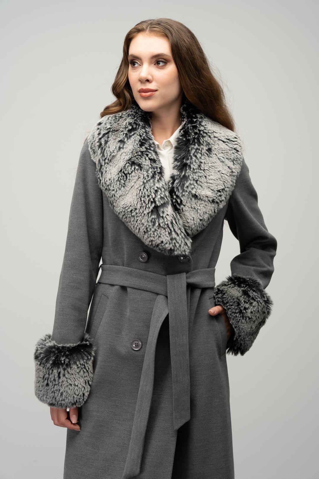 Fur-Lined Double-Breasted Mid-Length Coat with Detachable Collar and Sleeves GREY 3043
