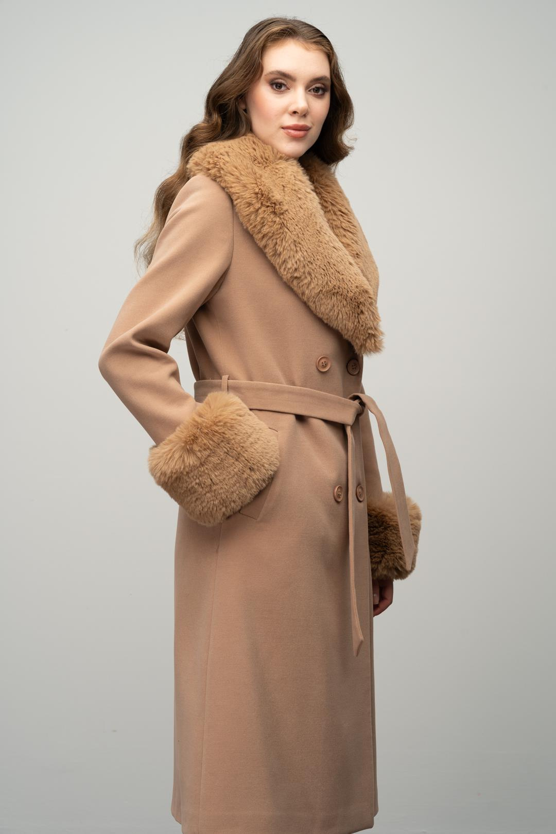 Fur-Lined Double-Breasted Mid-Length Coat with Detachable Collar and Sleeves CAMEL 3043
