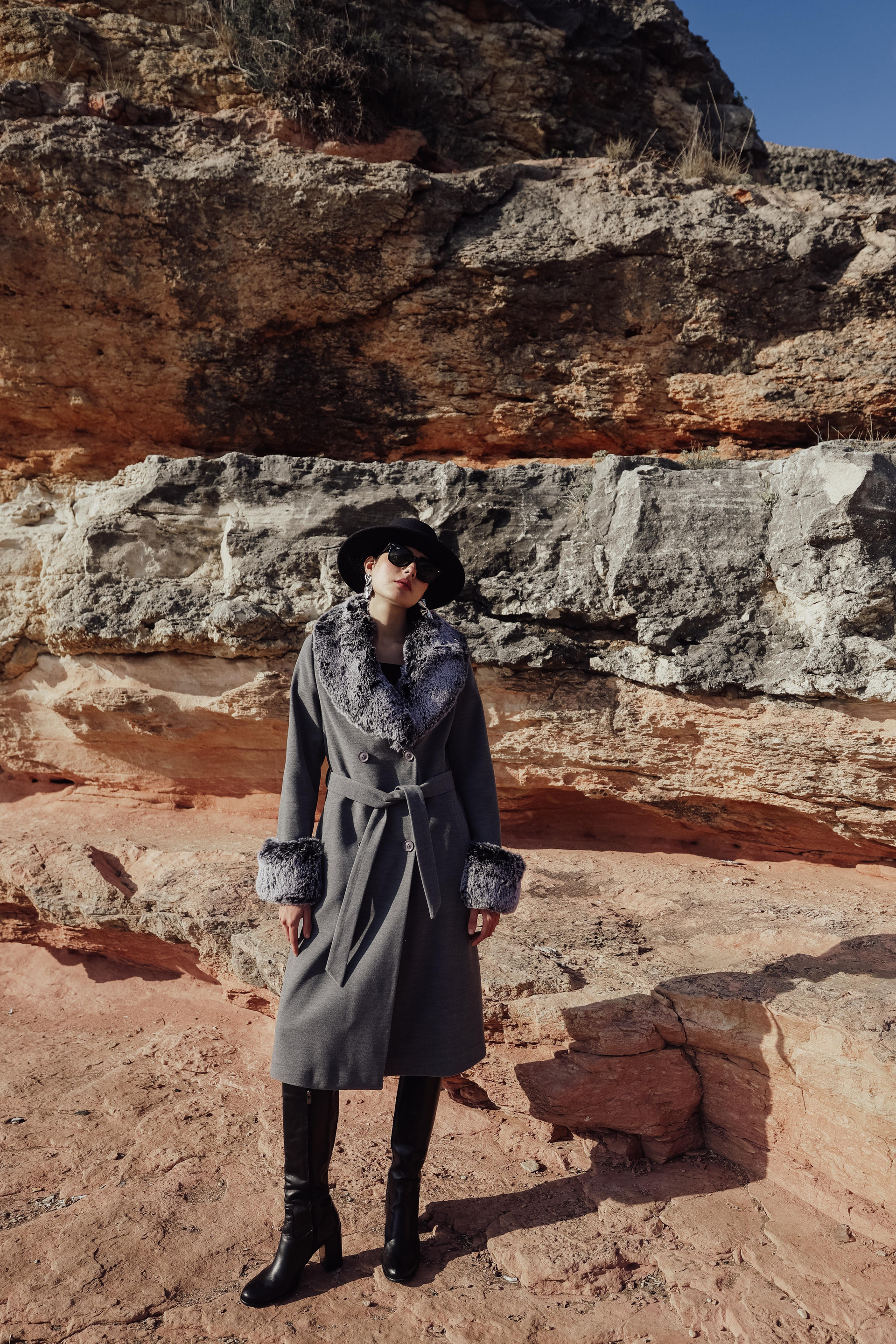 Fur-Lined Double-Breasted Mid-Length Coat with Detachable Collar and Sleeves GREY 3043