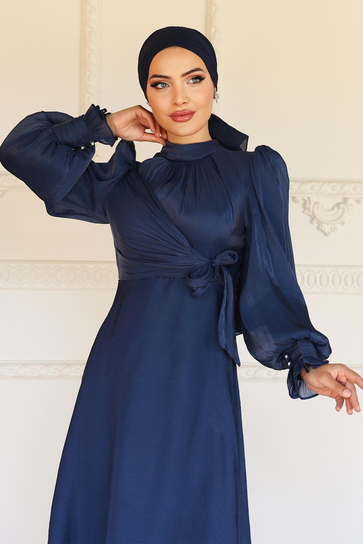 Yandan Bağlamalı Manşet Detaylı Yoryo İpek Tesettür Abiye K. İNDİGO 1241