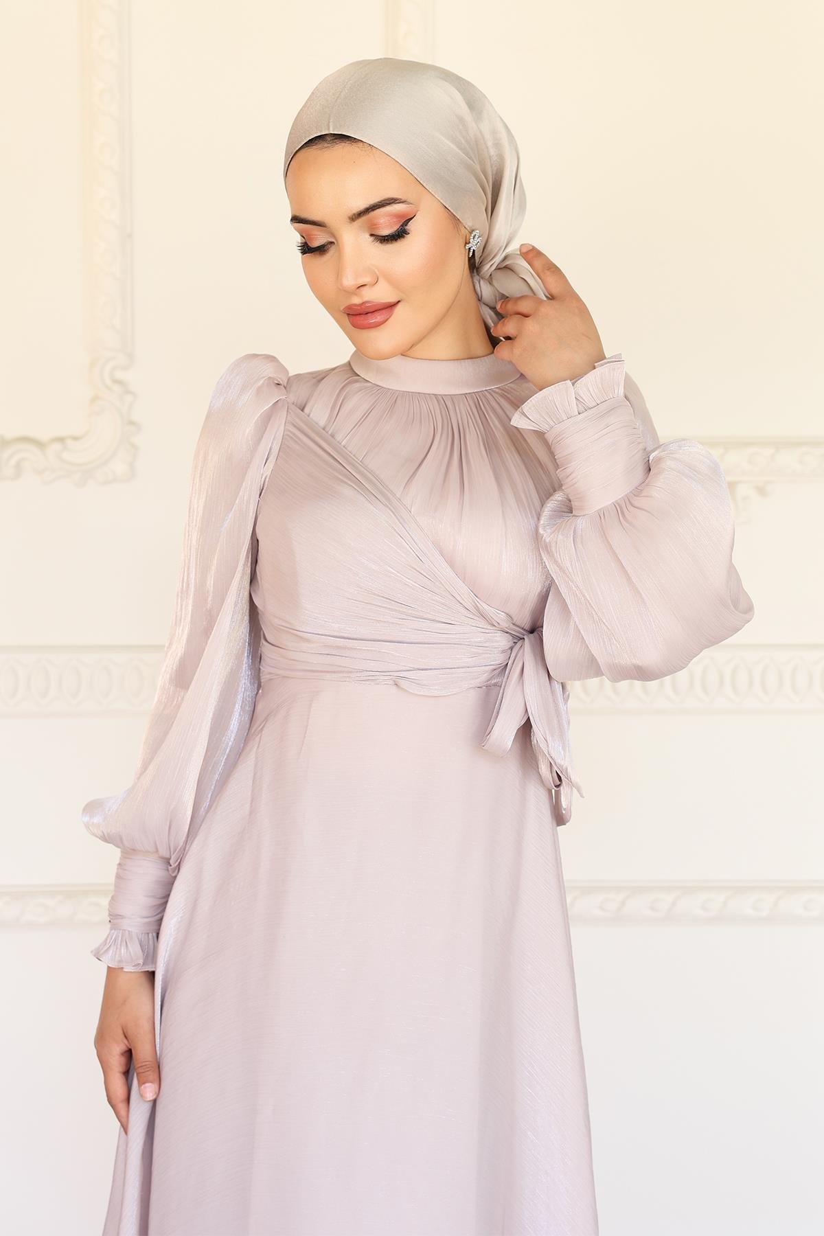 Yandan Bağlamalı Manşet Detaylı Yoryo İpek Tesettür Abiye TAŞ 1241