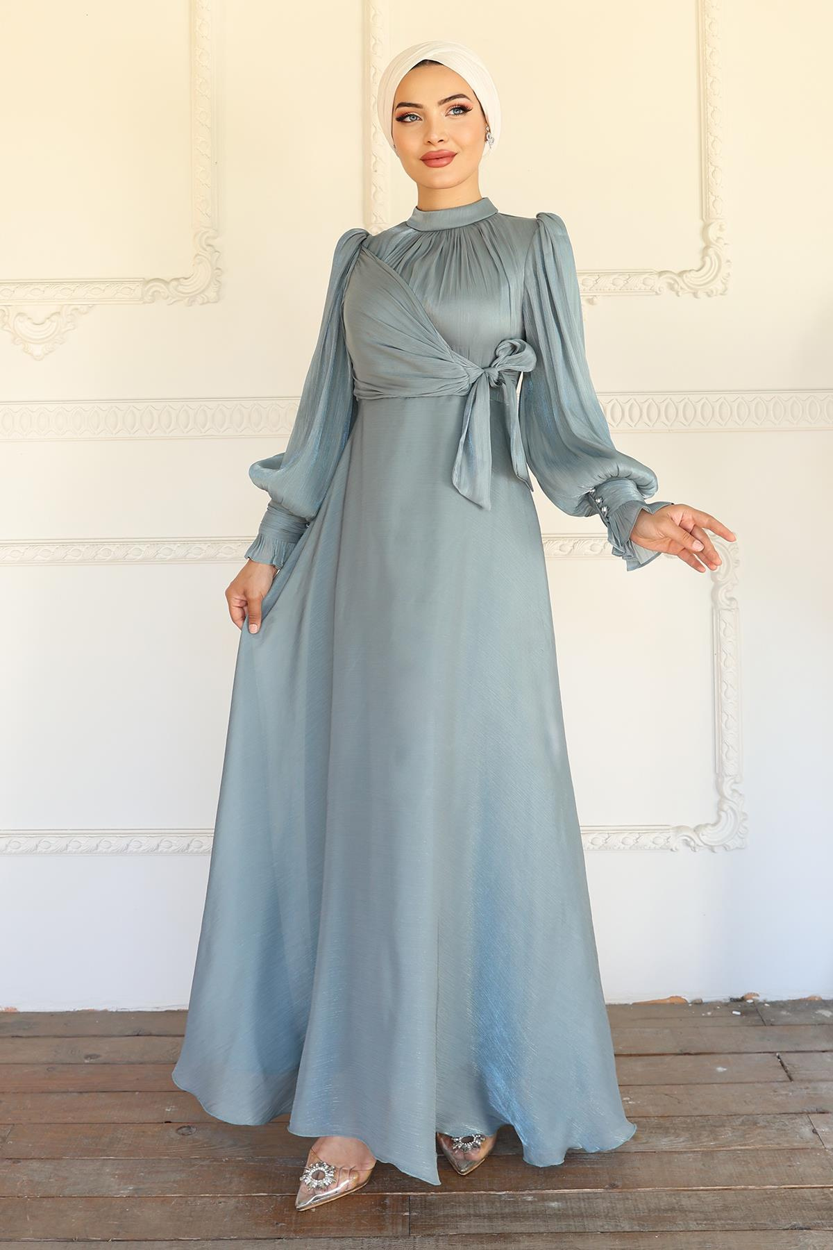 Yandan Bağlamalı Manşet Detaylı Yoryo İpek Tesettür Abiye SU YEŞİLİ 1241