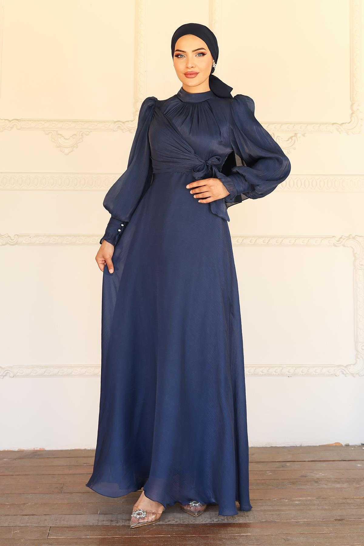 Yandan Bağlamalı Manşet Detaylı Yoryo İpek Tesettür Abiye K. İNDİGO 1241