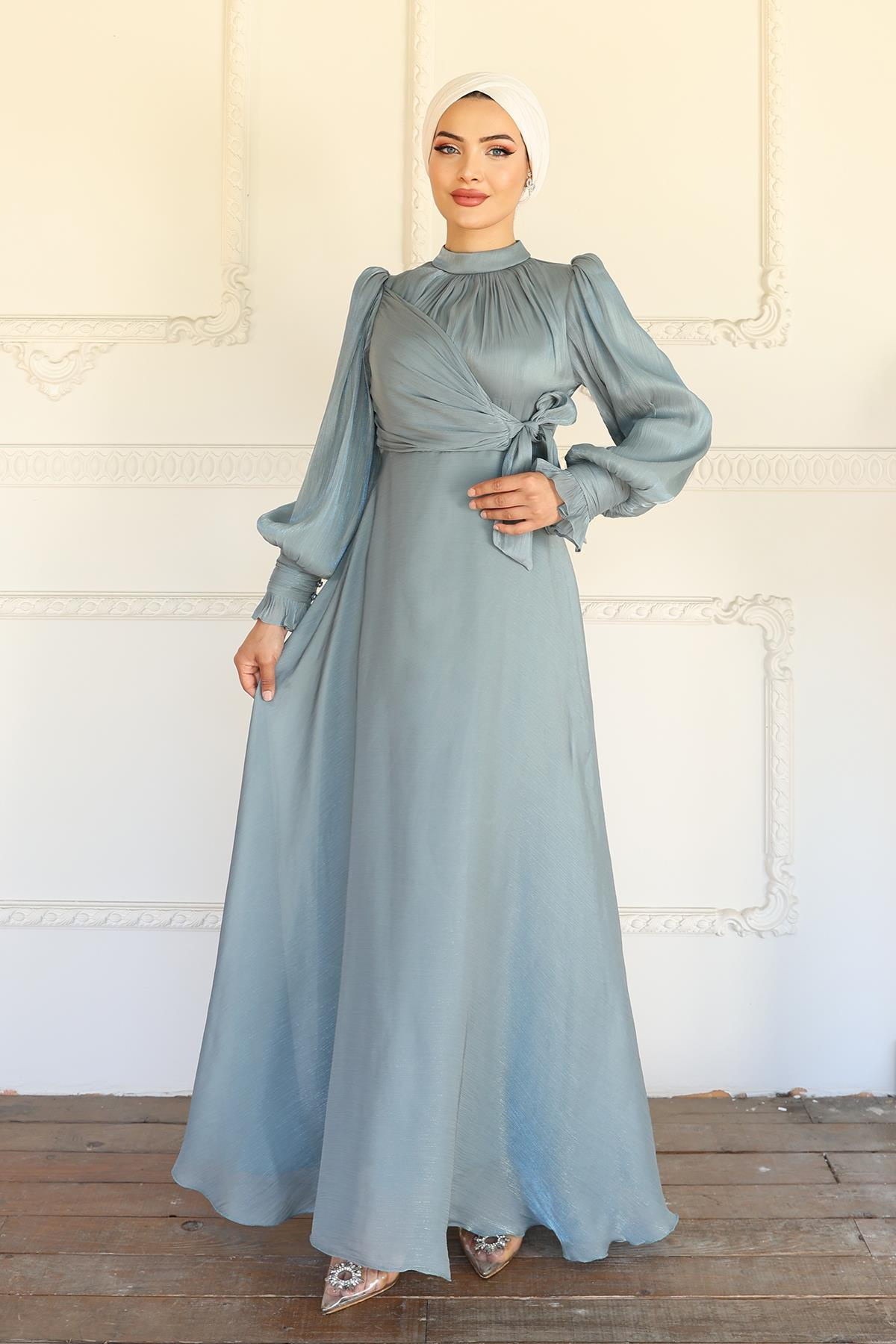 Yandan Bağlamalı Manşet Detaylı Yoryo İpek Tesettür Abiye SU YEŞİLİ 1241
