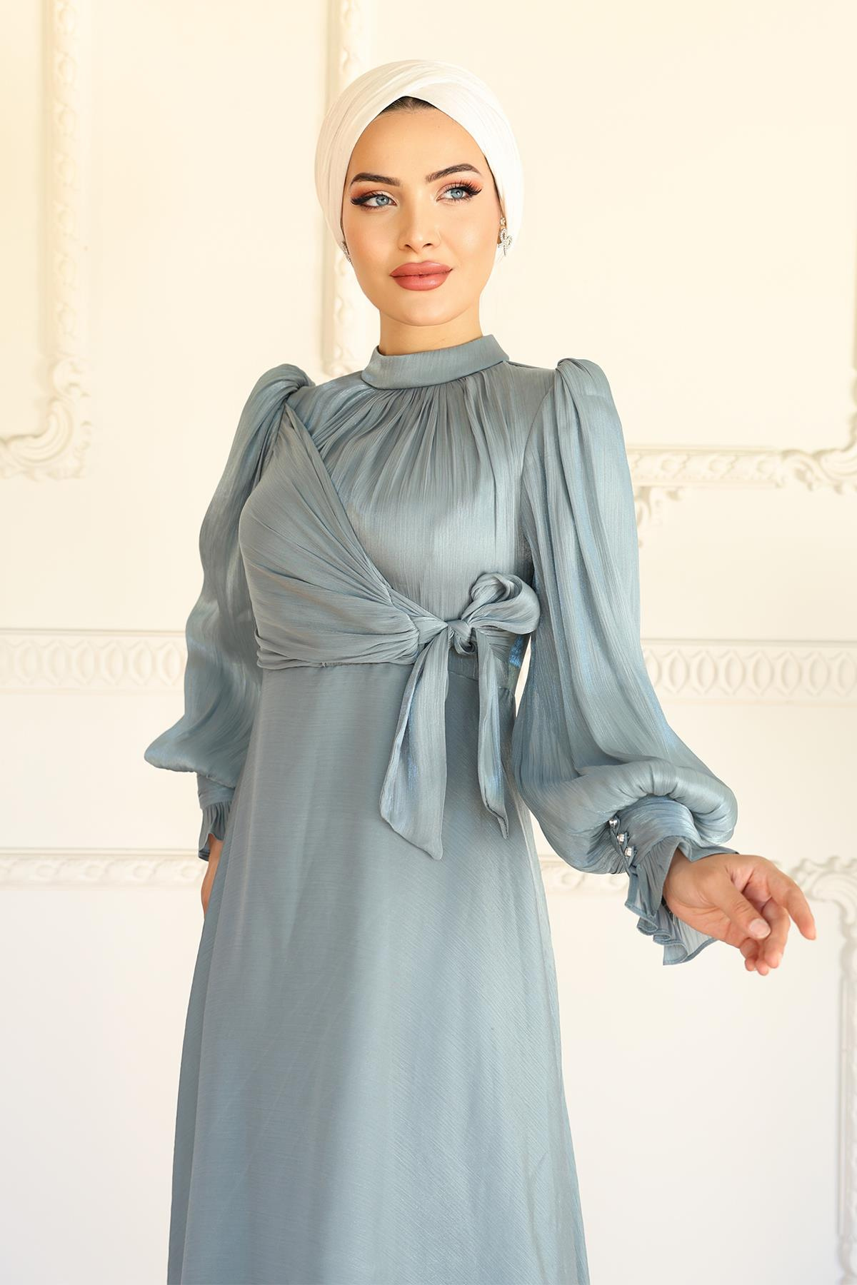 Yandan Bağlamalı Manşet Detaylı Yoryo İpek Tesettür Abiye SU YEŞİLİ 1241