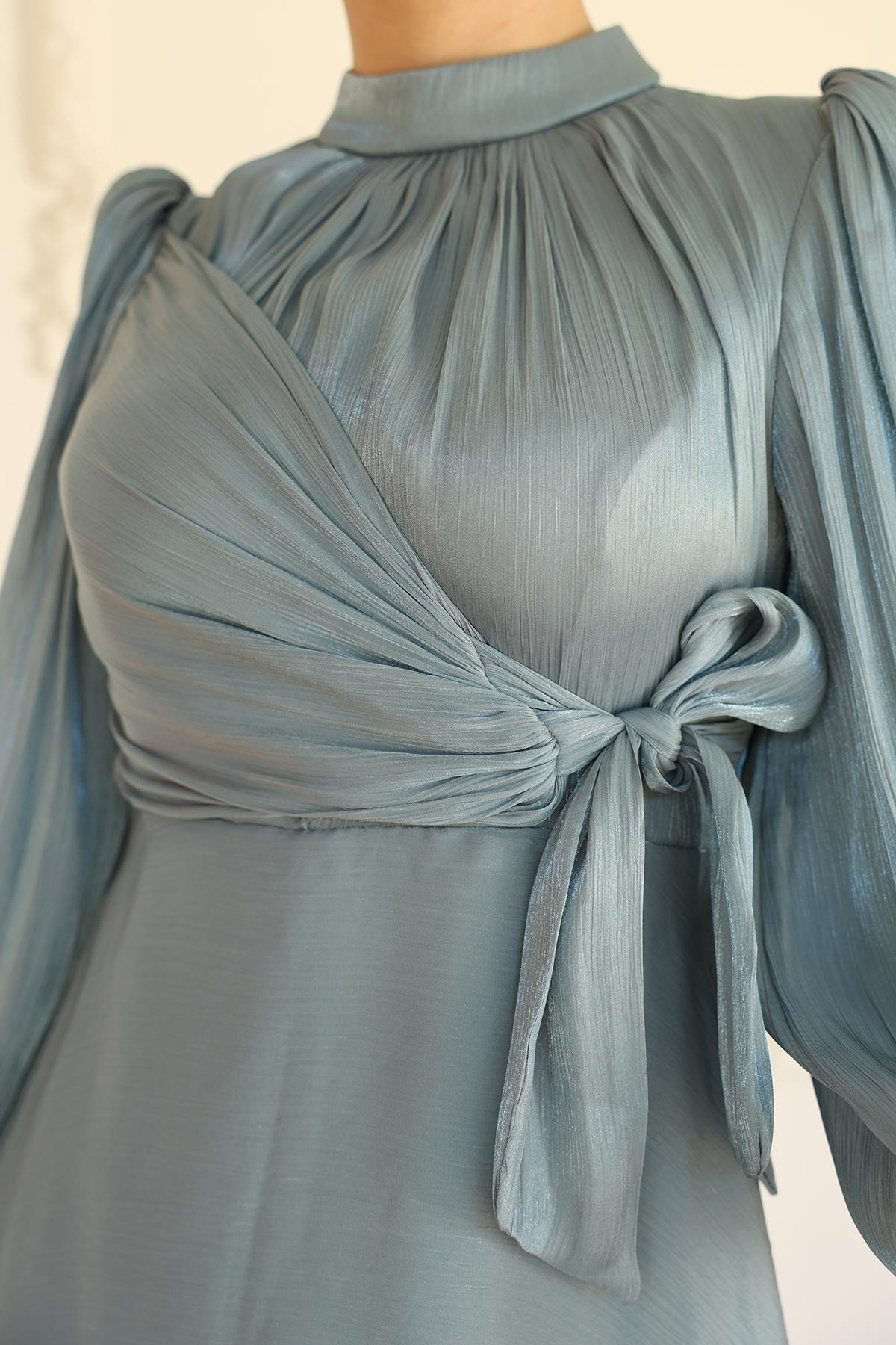 Yandan Bağlamalı Manşet Detaylı Yoryo İpek Tesettür Abiye SU YEŞİLİ 1241