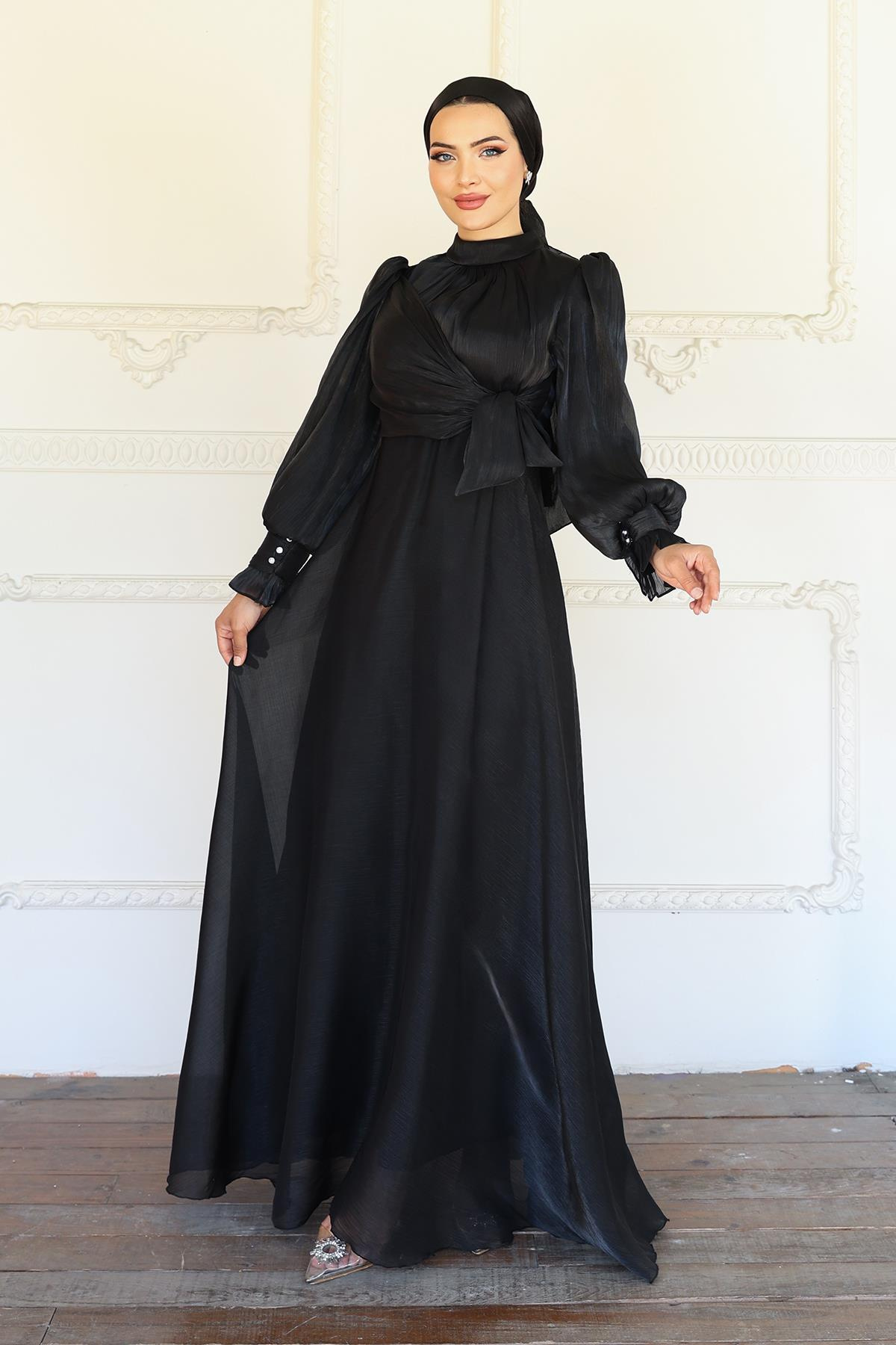 Yandan Bağlamalı Manşet Detaylı Yoryo İpek Tesettür Abiye SİYAH 1241