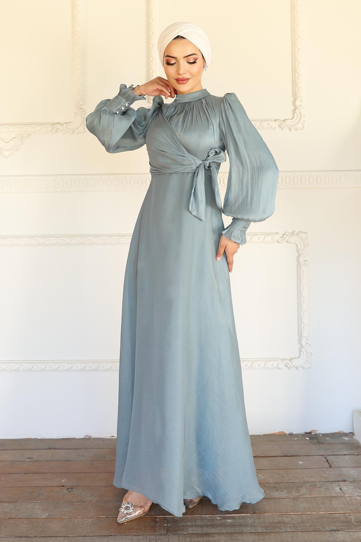 Yandan Bağlamalı Manşet Detaylı Yoryo İpek Tesettür Abiye SU YEŞİLİ 1241