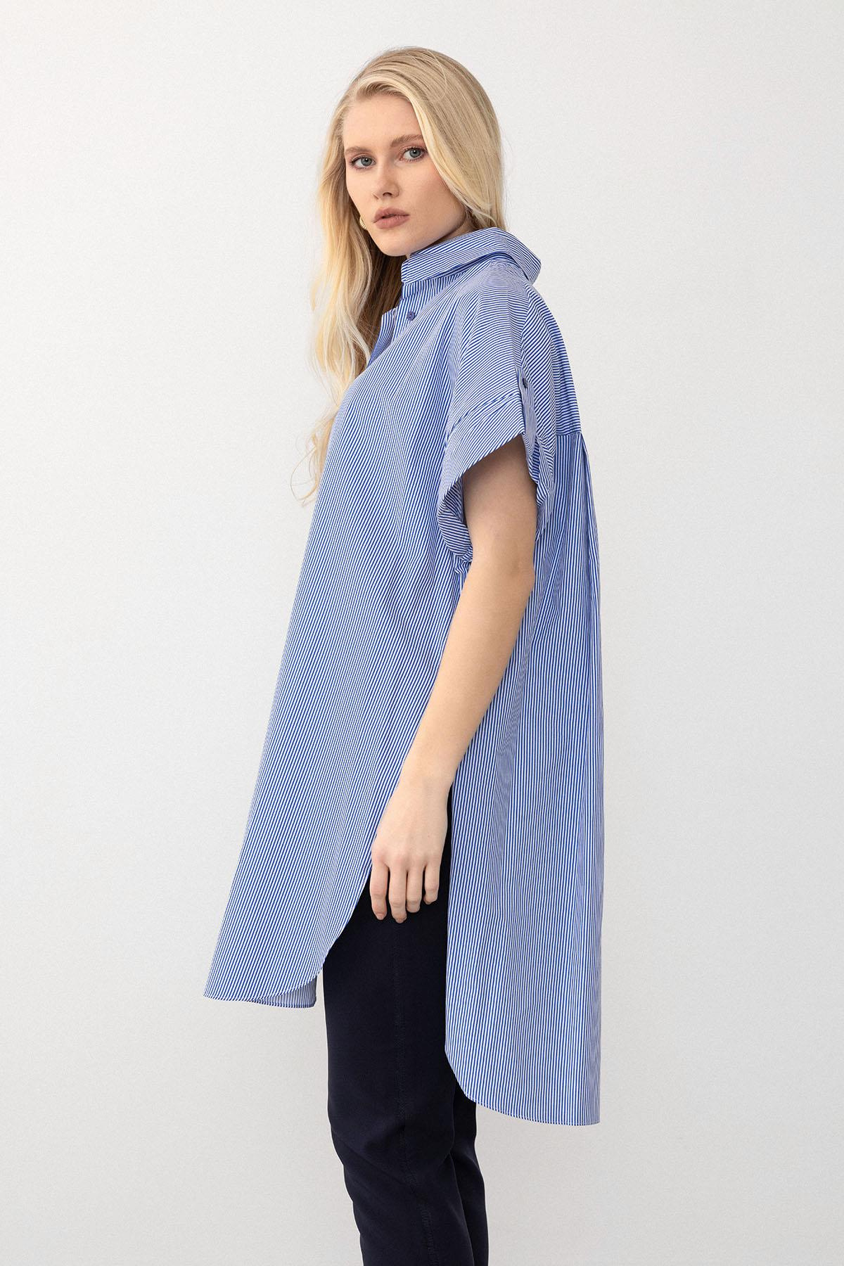 Yandan Yırtmaçlı Çizgili Poplin Tunik MAVİ 9283