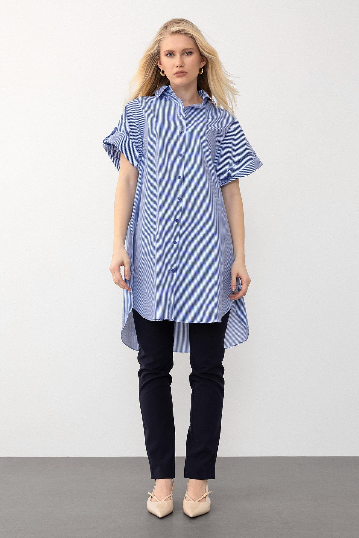 Yandan Yırtmaçlı Çizgili Poplin Tunik MAVİ 9283