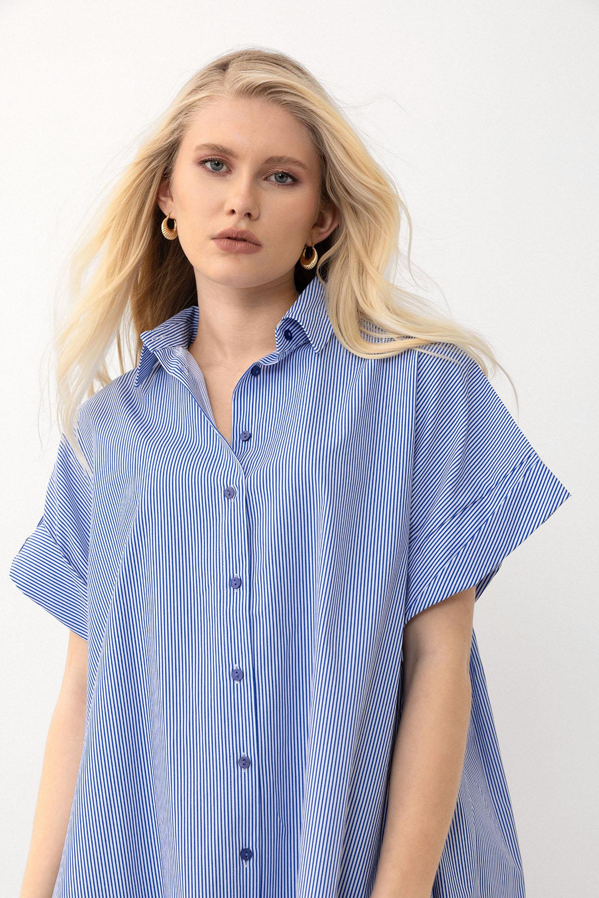 Yandan Yırtmaçlı Çizgili Poplin Tunik MAVİ 9283