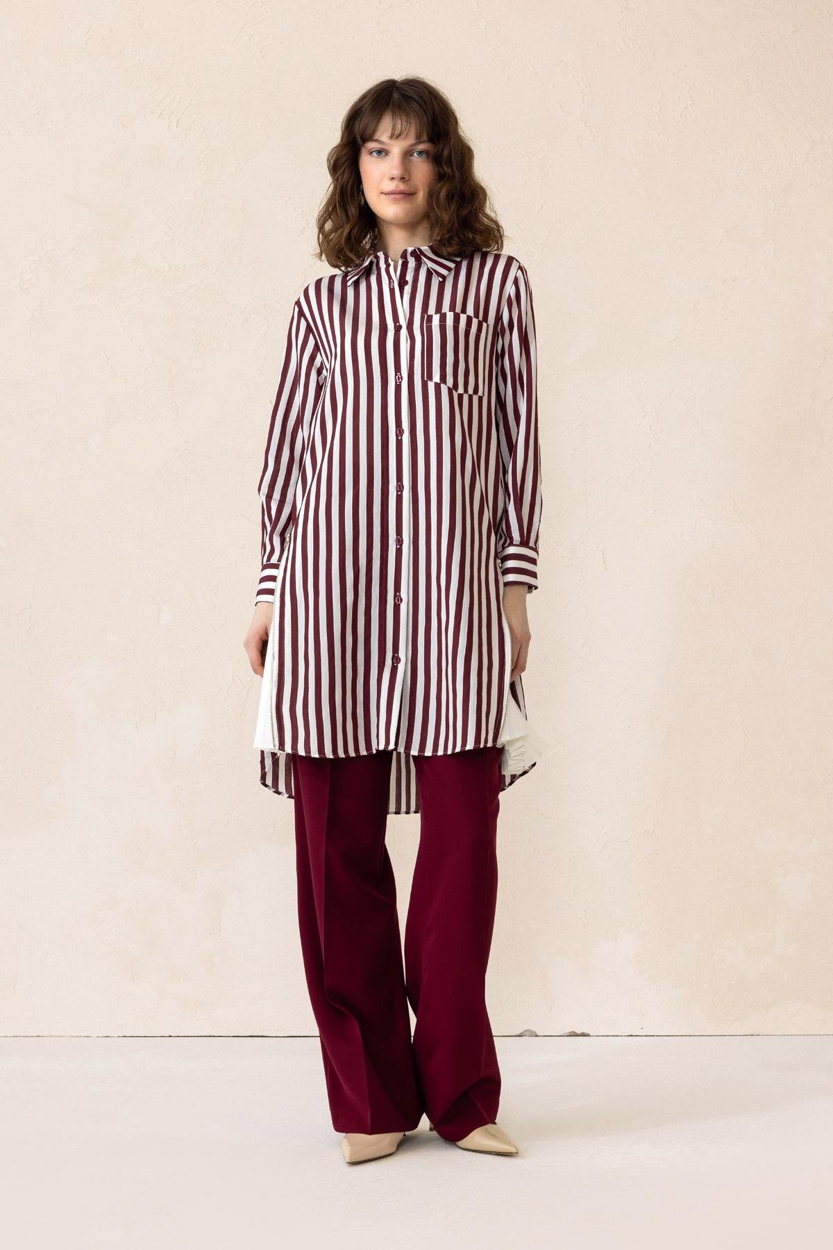 Striped Tunic with Side Zipper and Pleated Detail CLARET RED 9830