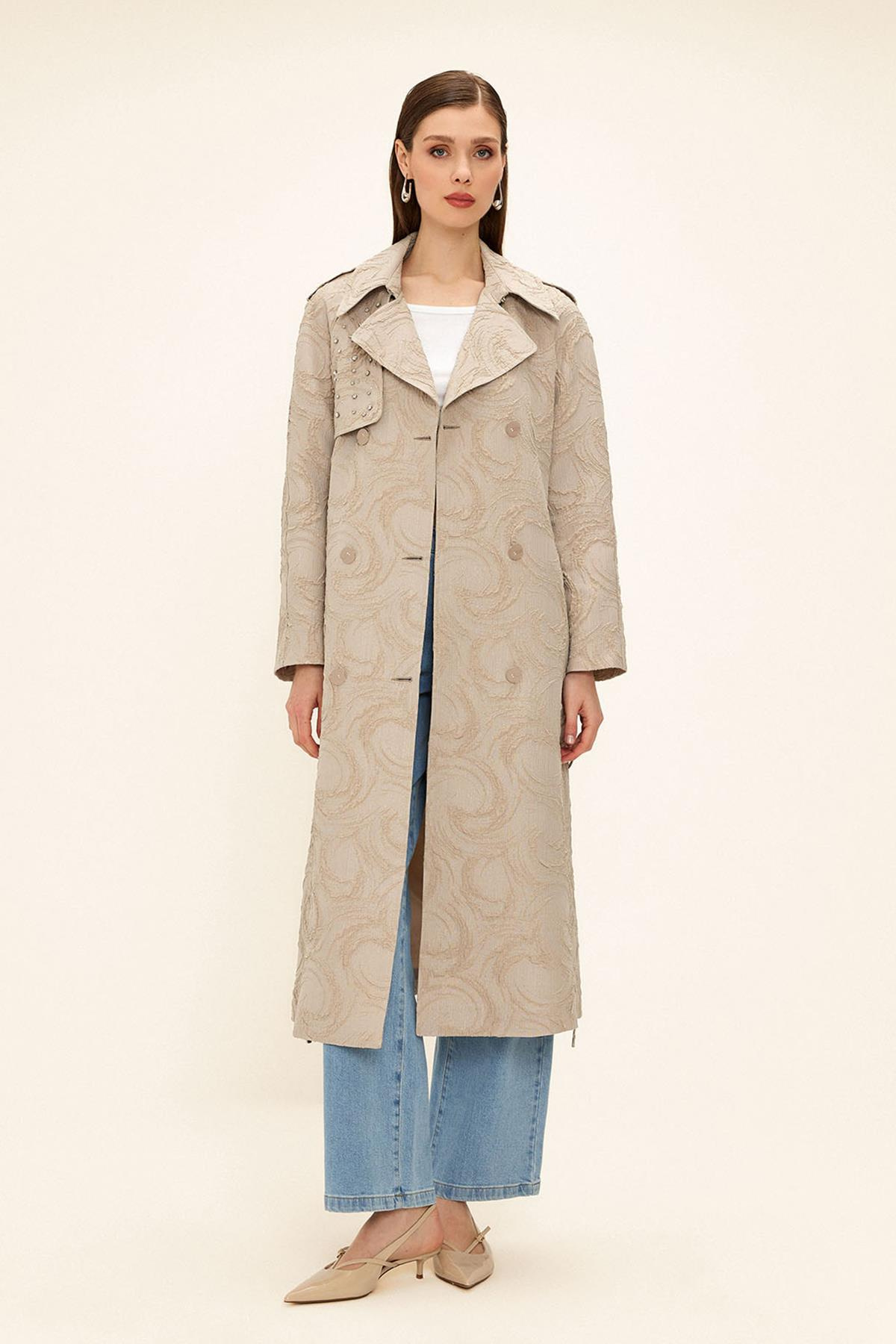 Side Zippered Cape with Stone Detail and Lined Glittery Jacquard Trench Coat STONE 6725