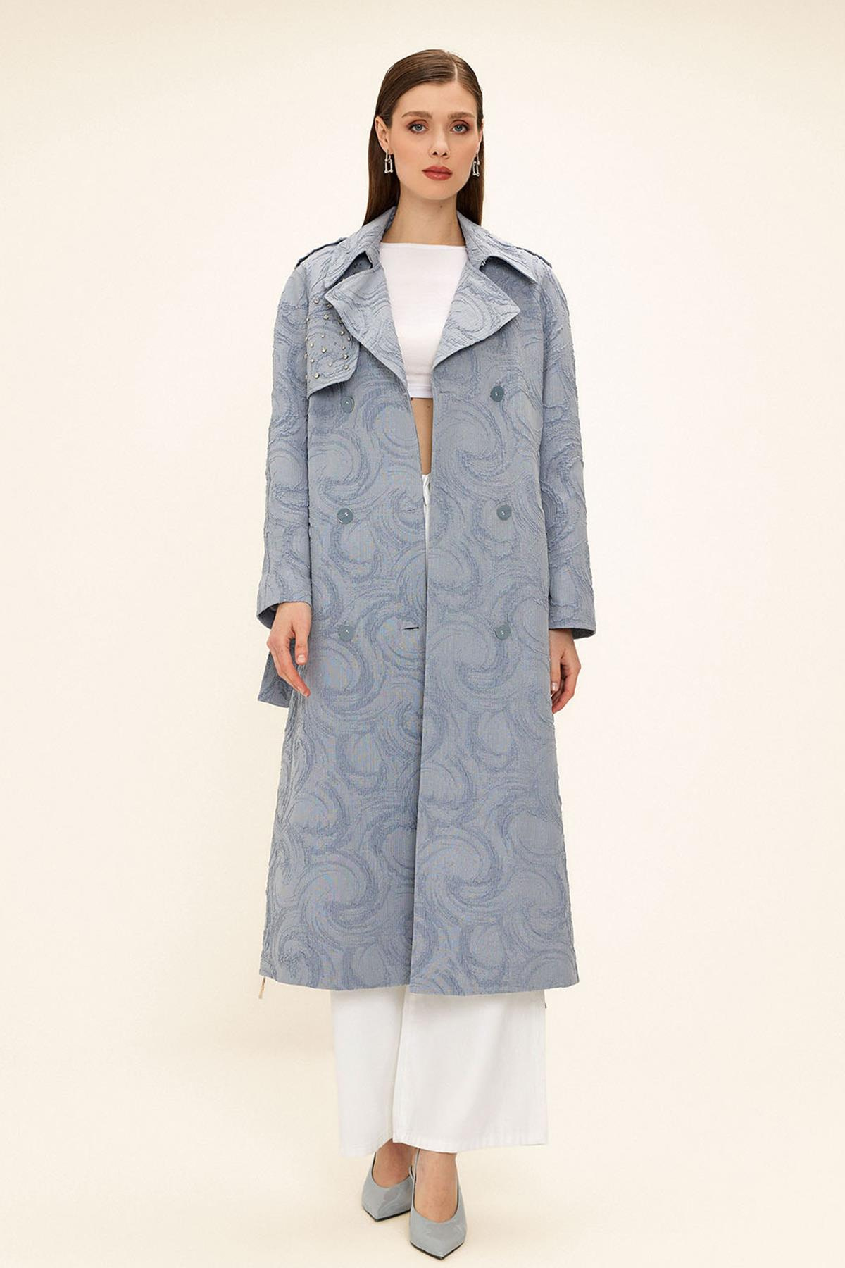 Side Zippered Cape with Stone Detail and Lined Glittery Jacquard Trench Coat BLUE 6725