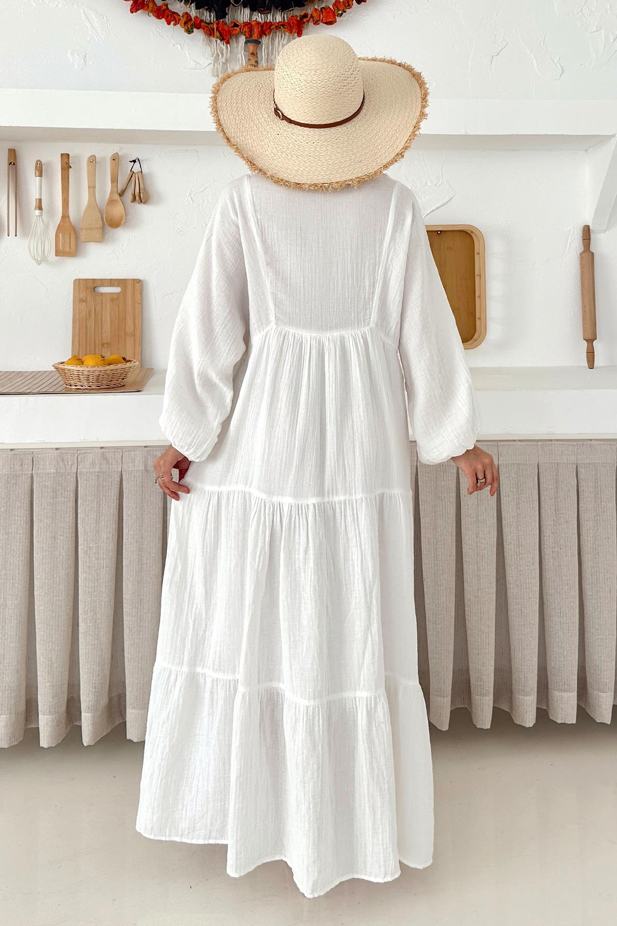 Yarasa Kol Düğme Detaylı Müslin Salaş Elbise EKRU 9330-E