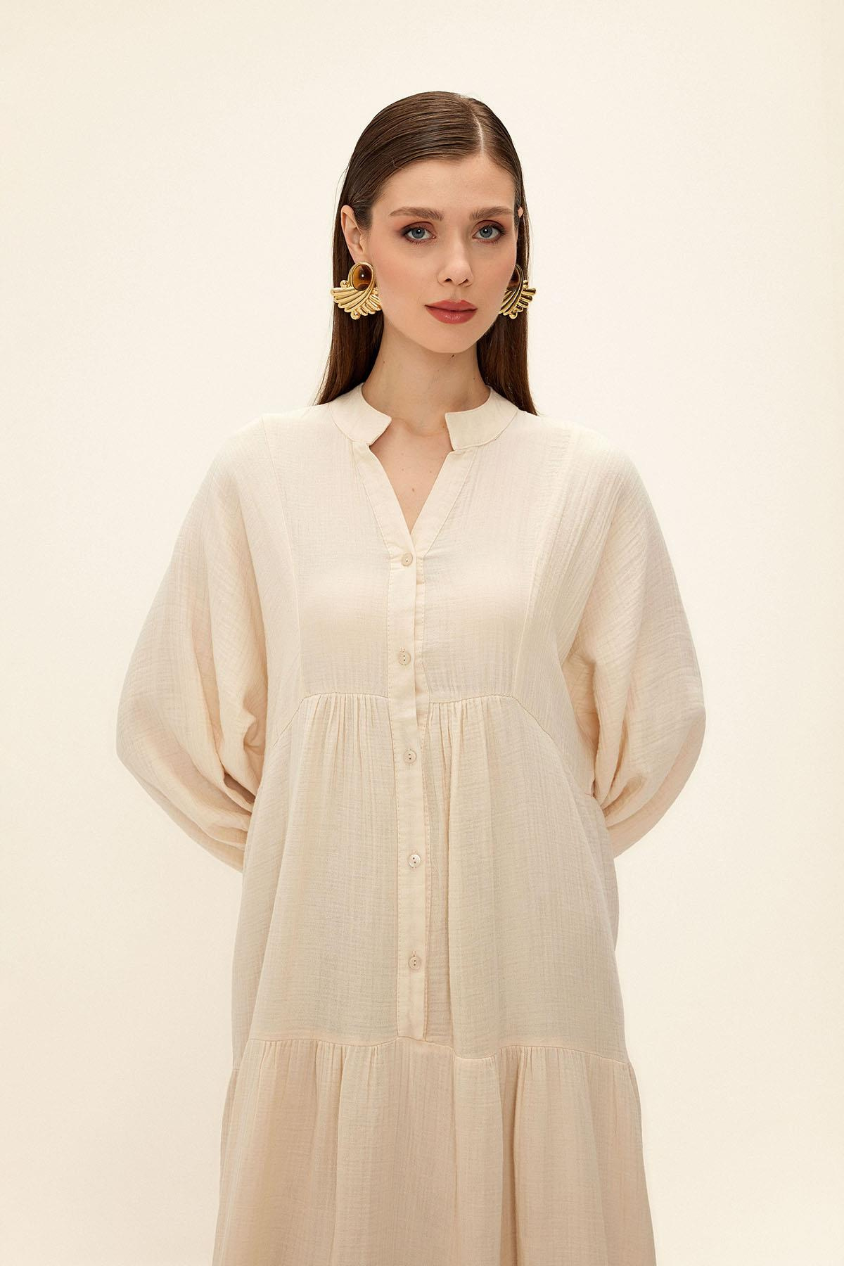 Yarasa Kol Düğme Detaylı Müslin Salaş Elbise BEJ 9330-E