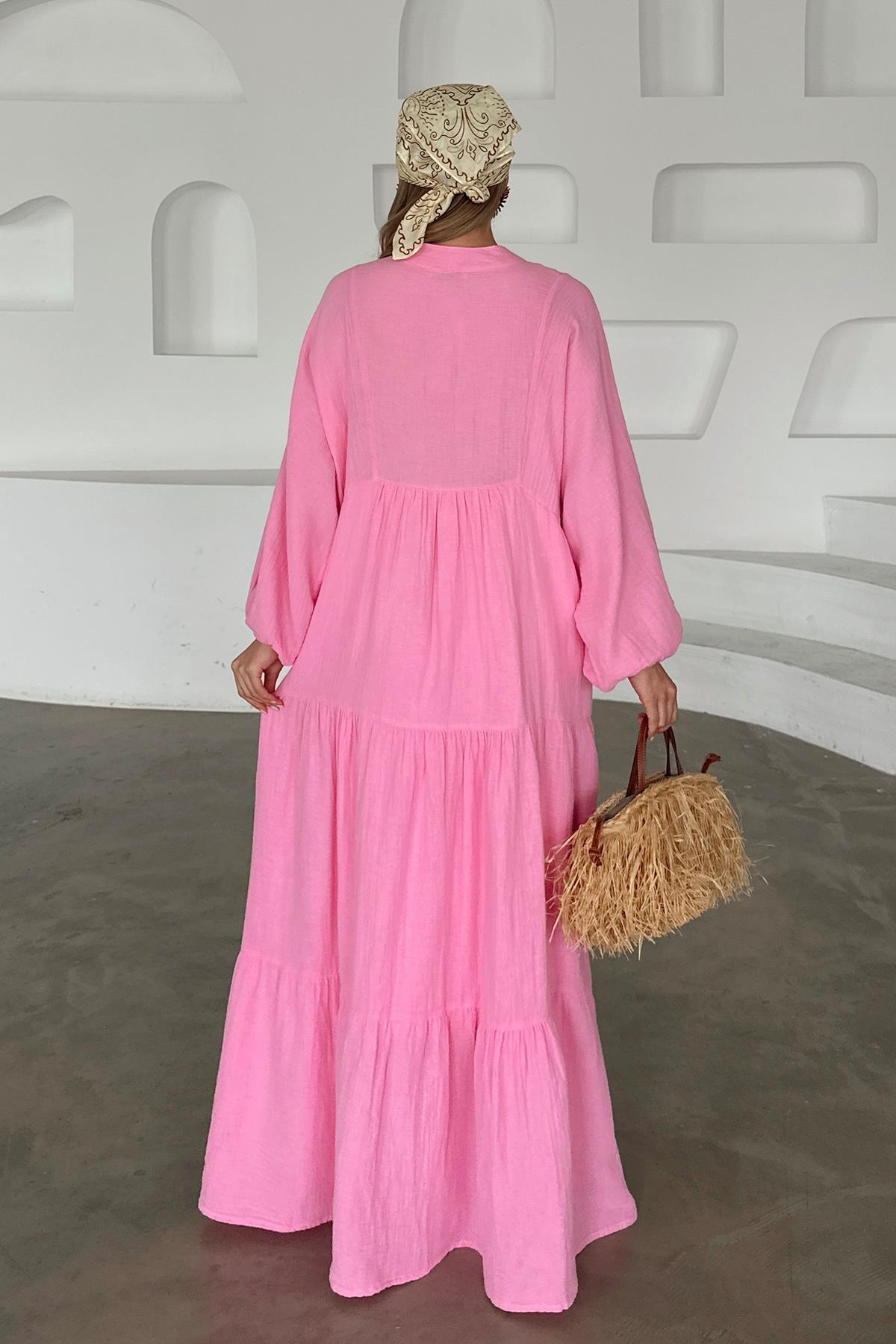 Yarasa Kol Düğme Detaylı Müslin Salaş Elbise PEMBE 9330-E