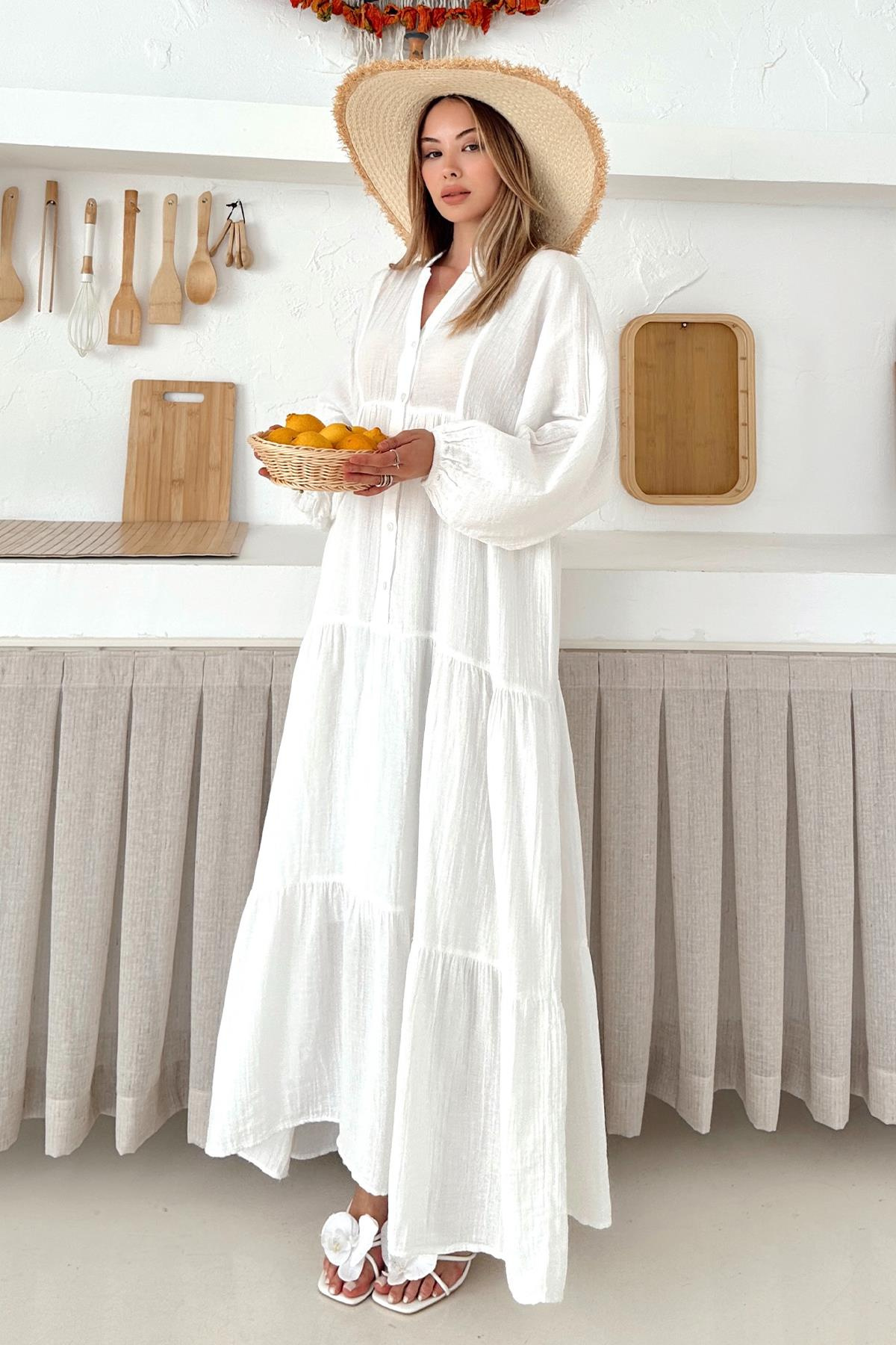 Yarasa Kol Düğme Detaylı Müslin Salaş Elbise EKRU 9330-E