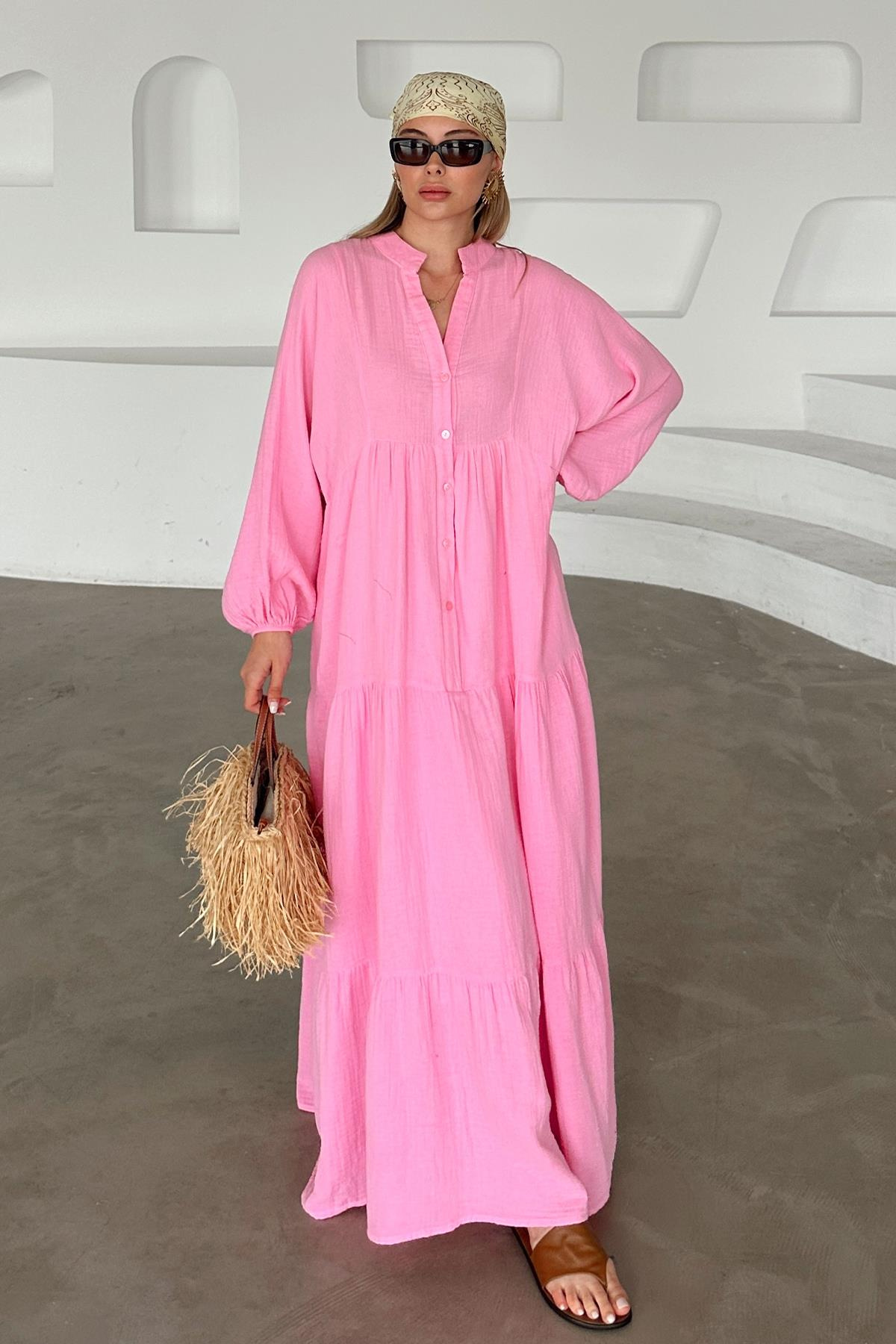 Yarasa Kol Düğme Detaylı Müslin Salaş Elbise PEMBE 9330-E