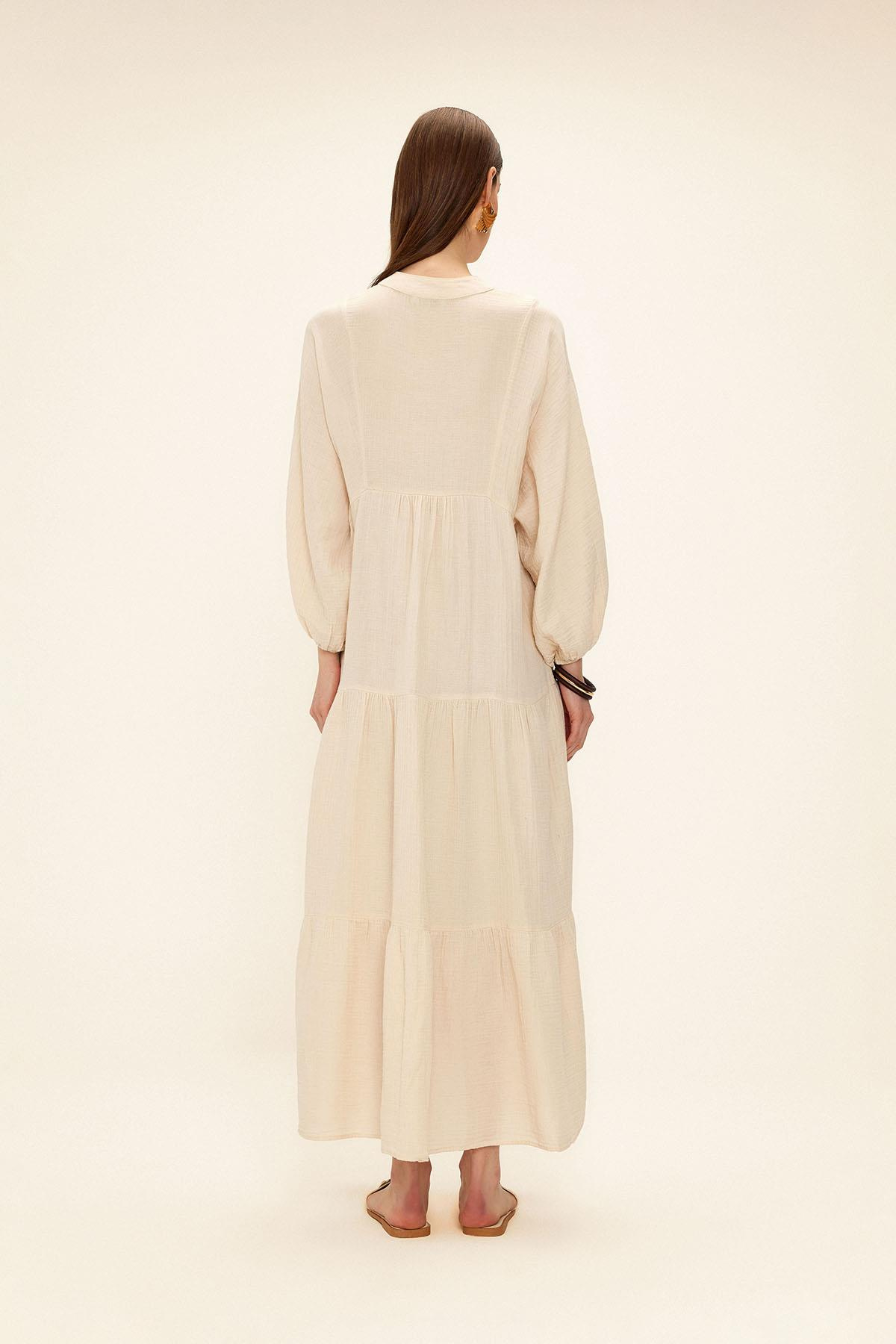 Yarasa Kol Düğme Detaylı Müslin Salaş Elbise BEJ 9330-E