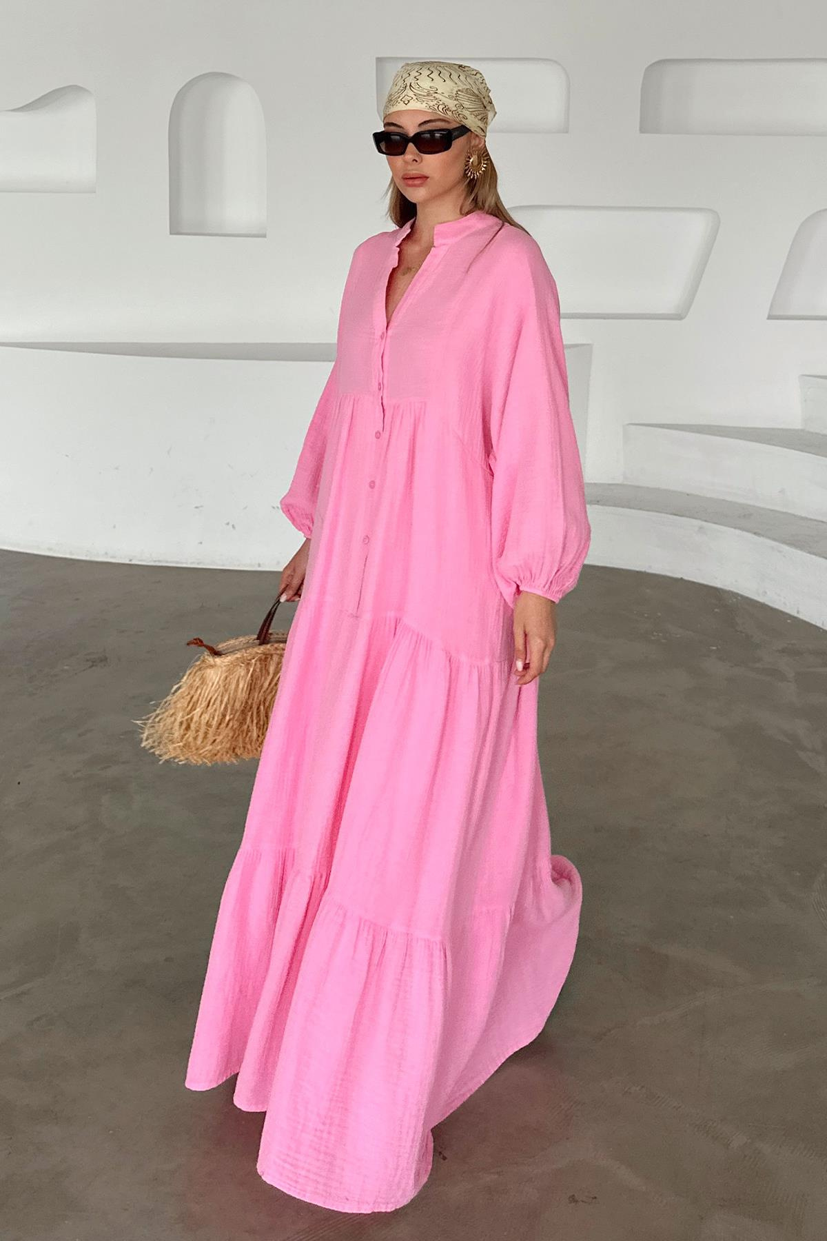 Yarasa Kol Düğme Detaylı Müslin Salaş Elbise PEMBE 9330-E