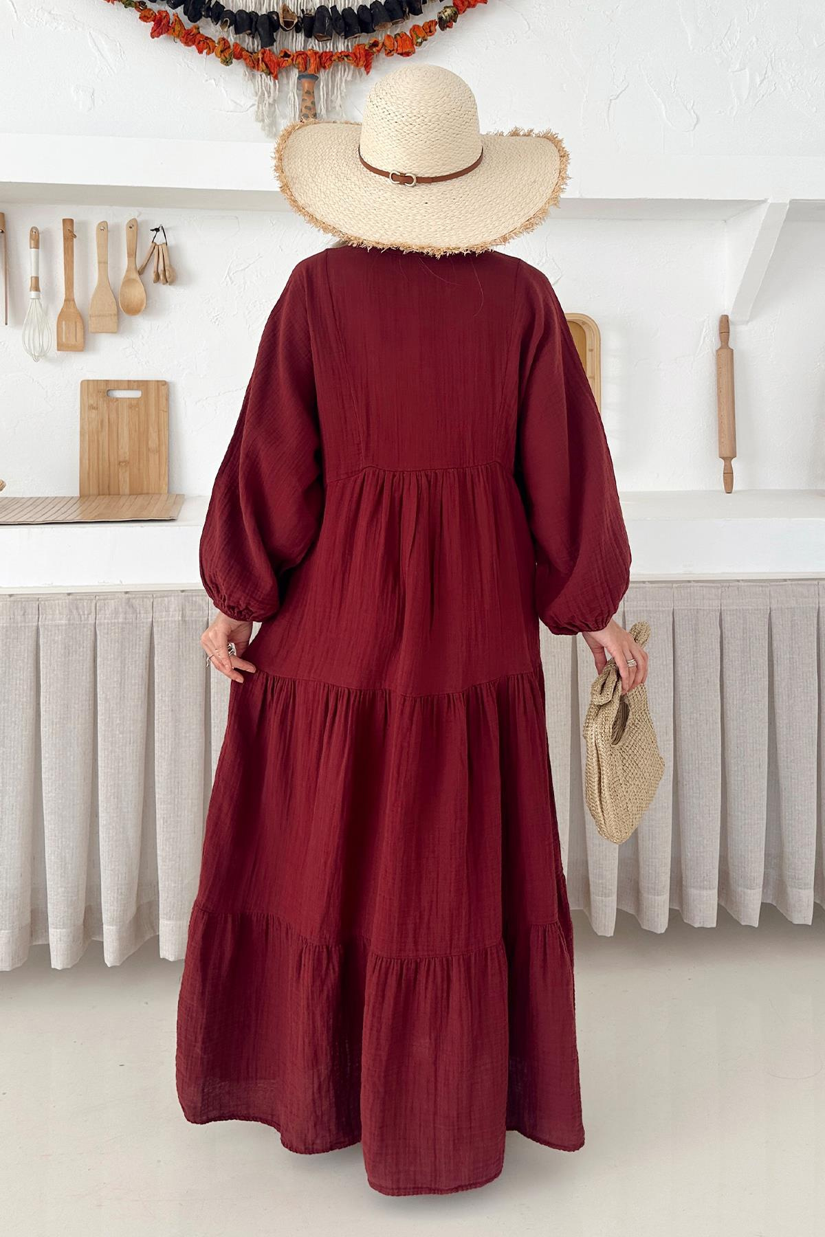 Yarasa Kol Düğme Detaylı Müslin Salaş Elbise BORDO 9330-E