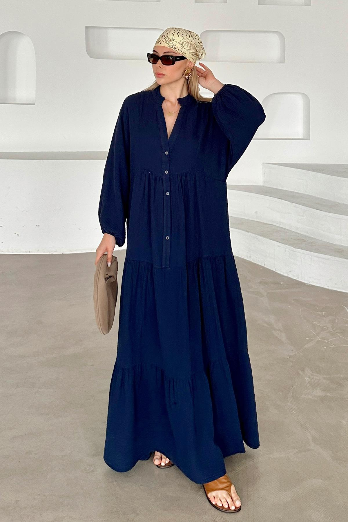 Batwing Sleeve Button Detailed Muslin Casual Dress NAVY 9330-E