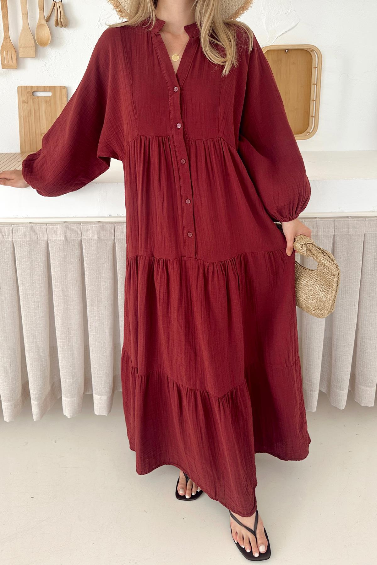 Yarasa Kol Düğme Detaylı Müslin Salaş Elbise BORDO 9330-E
