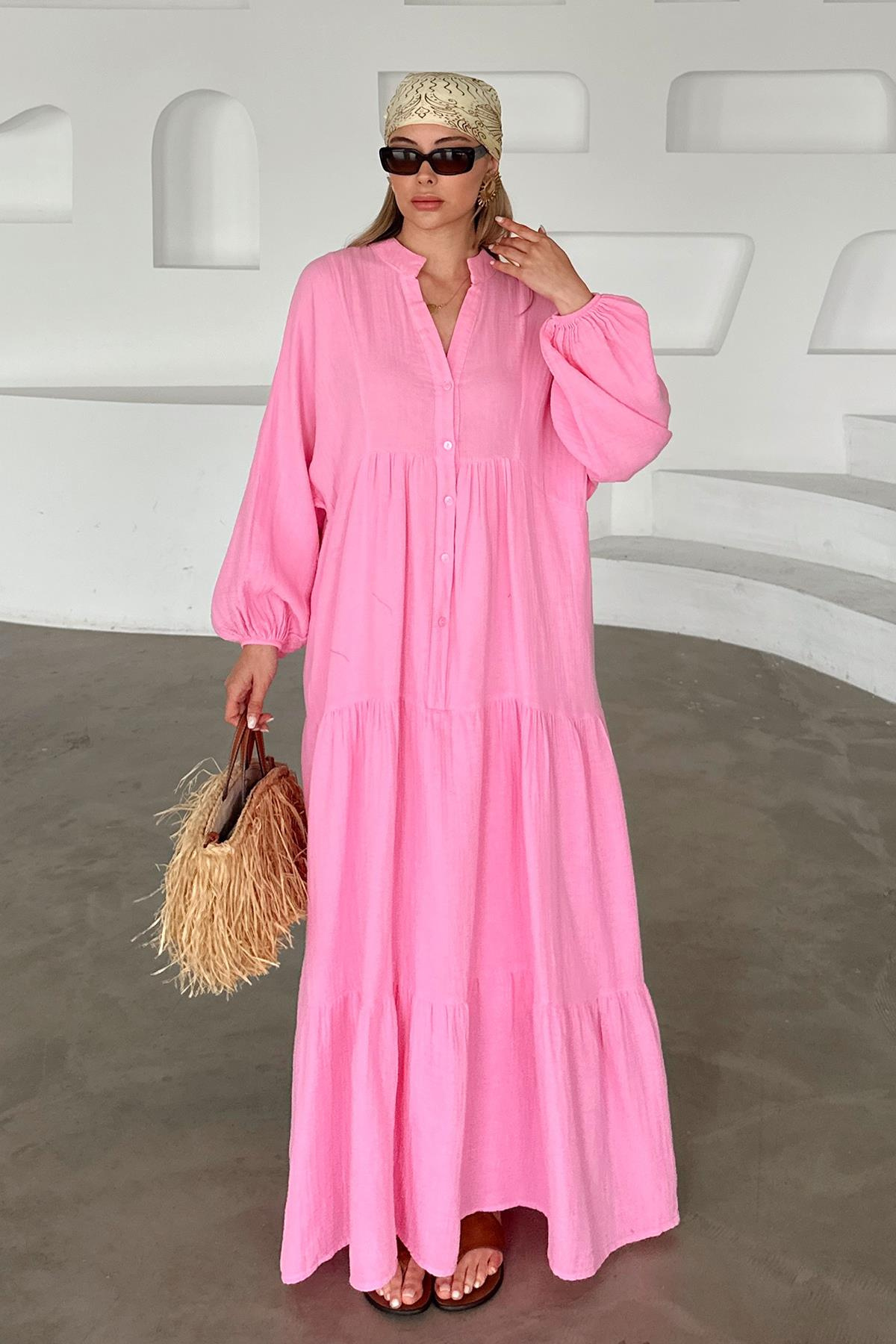 Yarasa Kol Düğme Detaylı Müslin Salaş Elbise PEMBE 9330-E