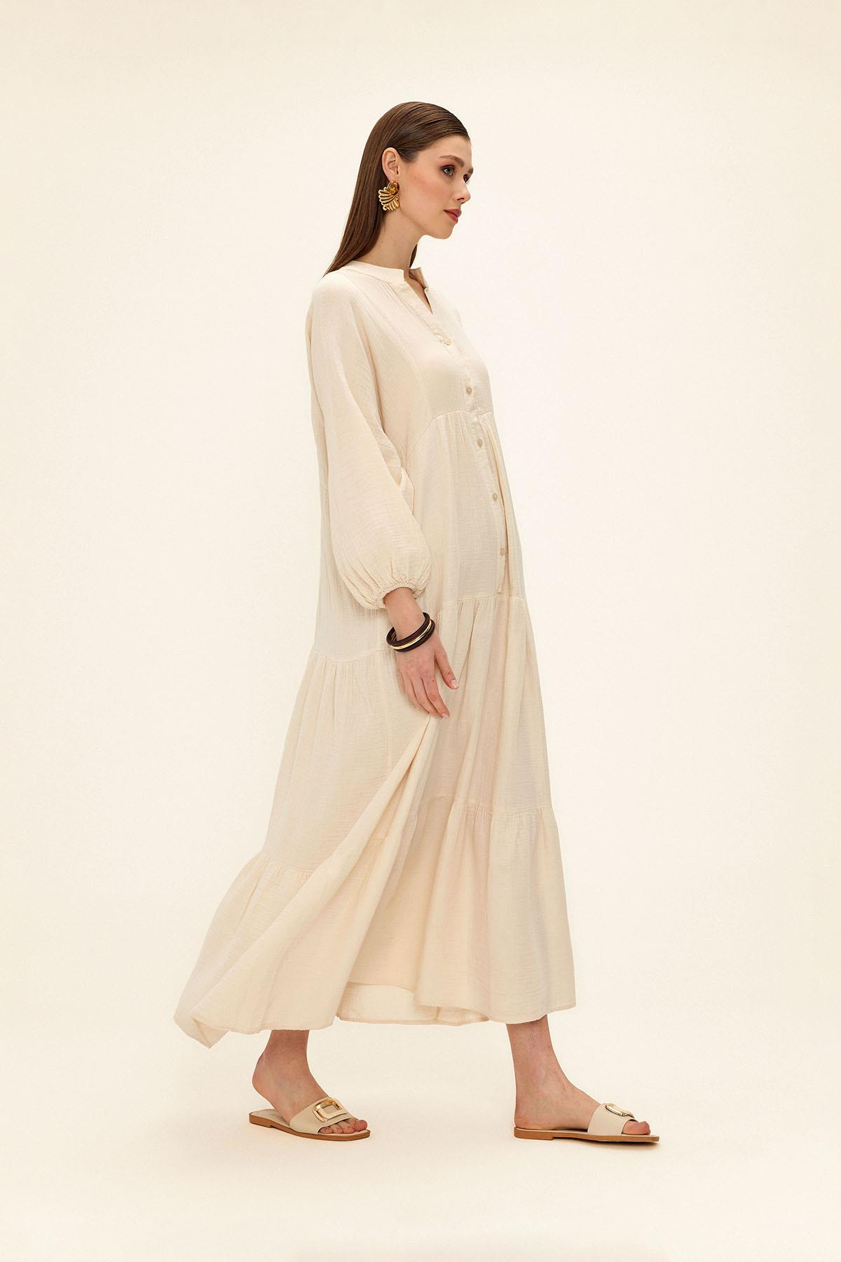 Yarasa Kol Düğme Detaylı Müslin Salaş Elbise BEJ 9330-E