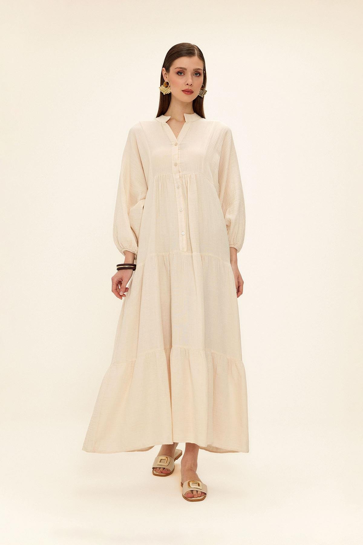 Yarasa Kol Düğme Detaylı Müslin Salaş Elbise BEJ 9330-E