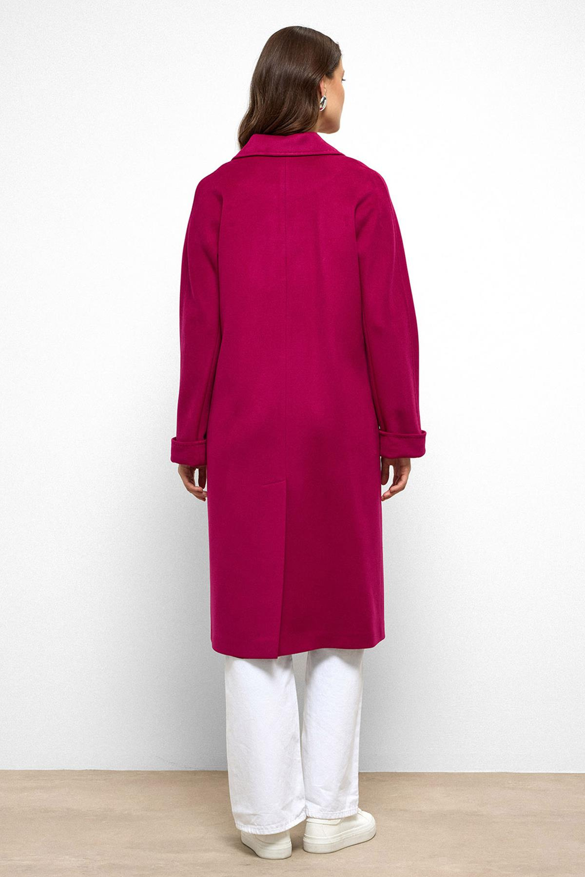 Yarasa Kol Punto Dikiş Detaylı Kaşmir Kaban FUŞYA 3101