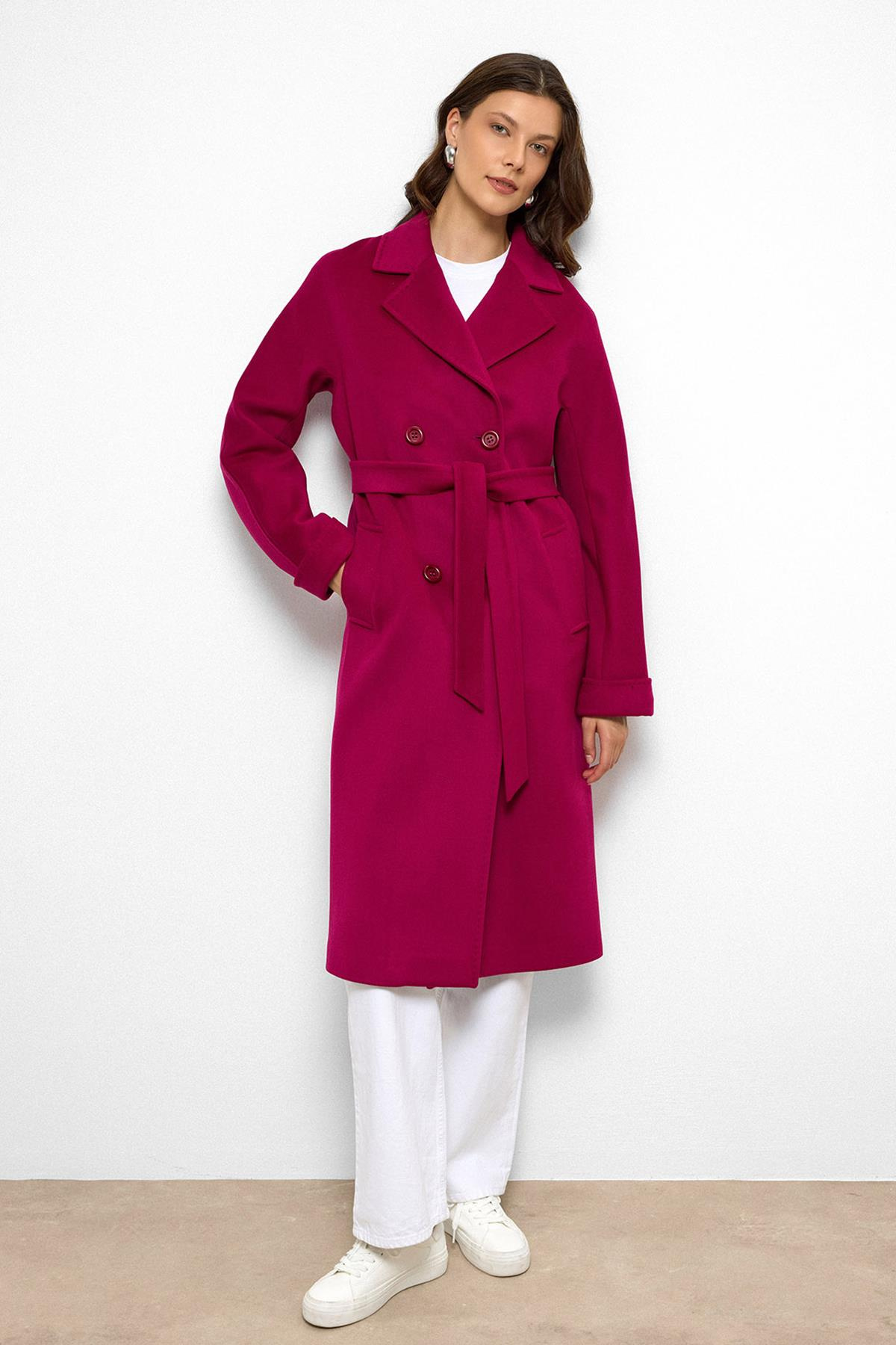 Yarasa Kol Punto Dikiş Detaylı Kaşmir Kaban FUŞYA 3101