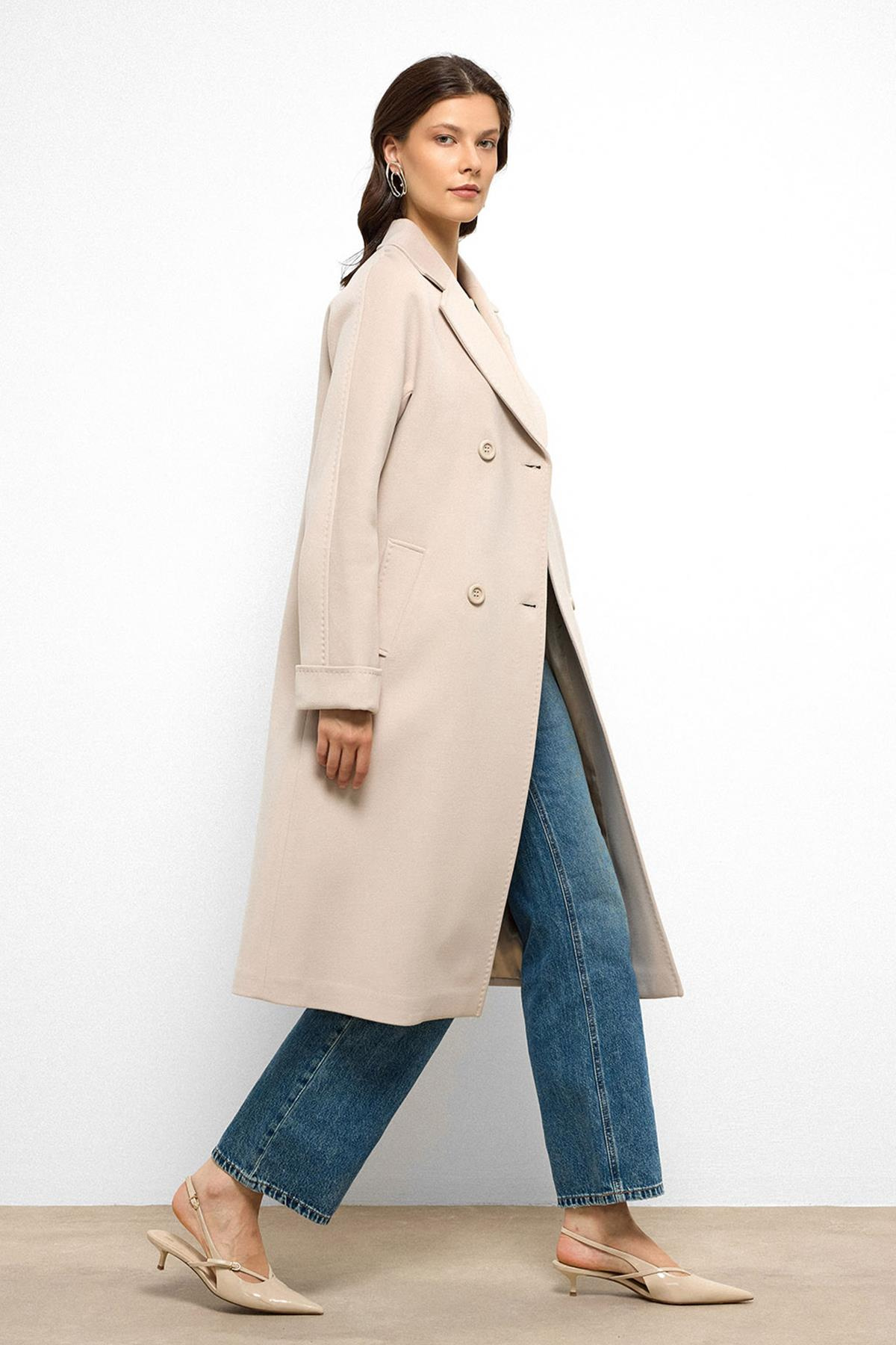 Yarasa Kol Punto Dikiş Detaylı Kaşmir Kaban AÇIK BEJ 3101