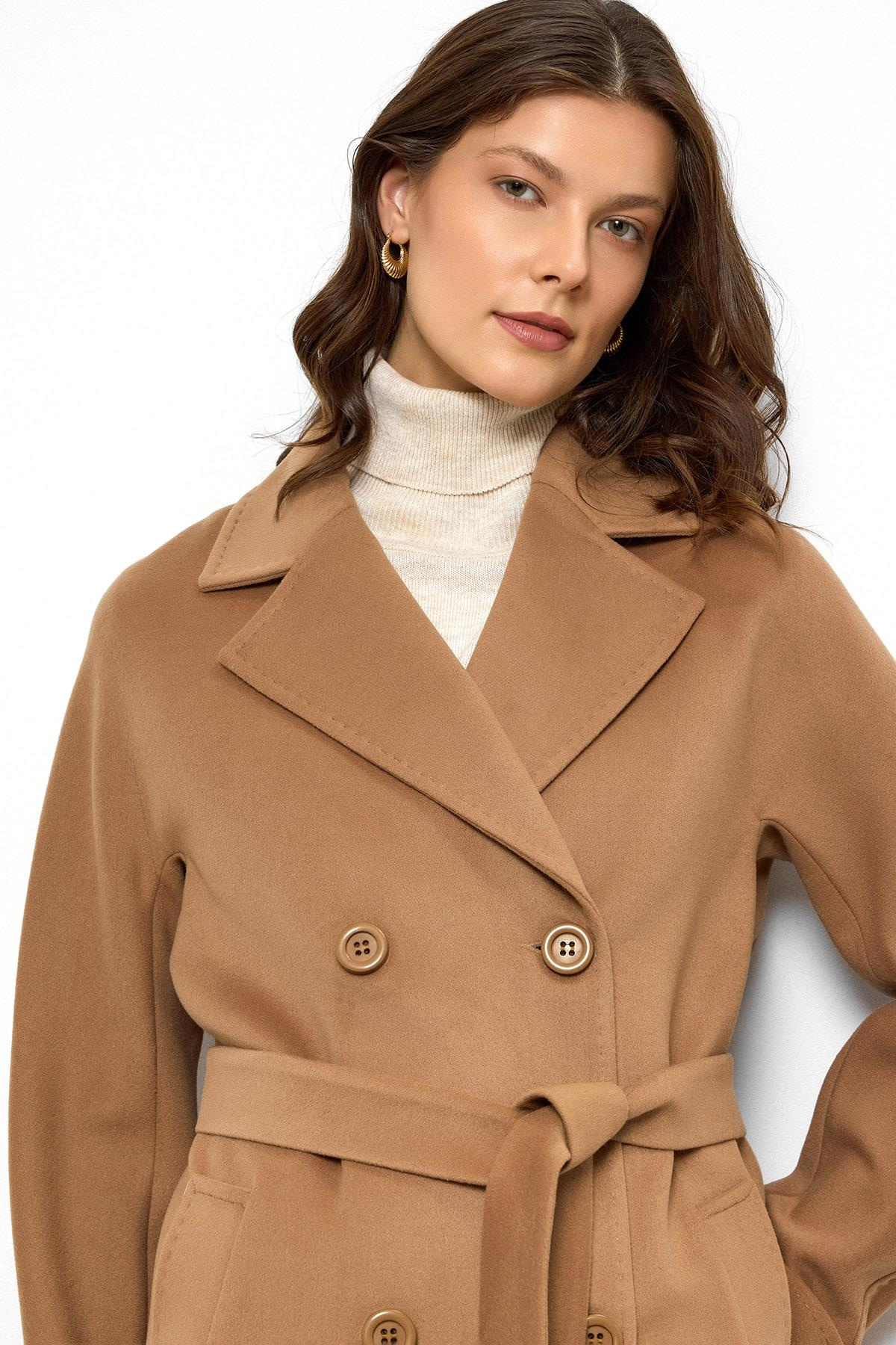 Yarasa Kol Punto Dikiş Detaylı Kaşmir Kaban KAMEL 3101